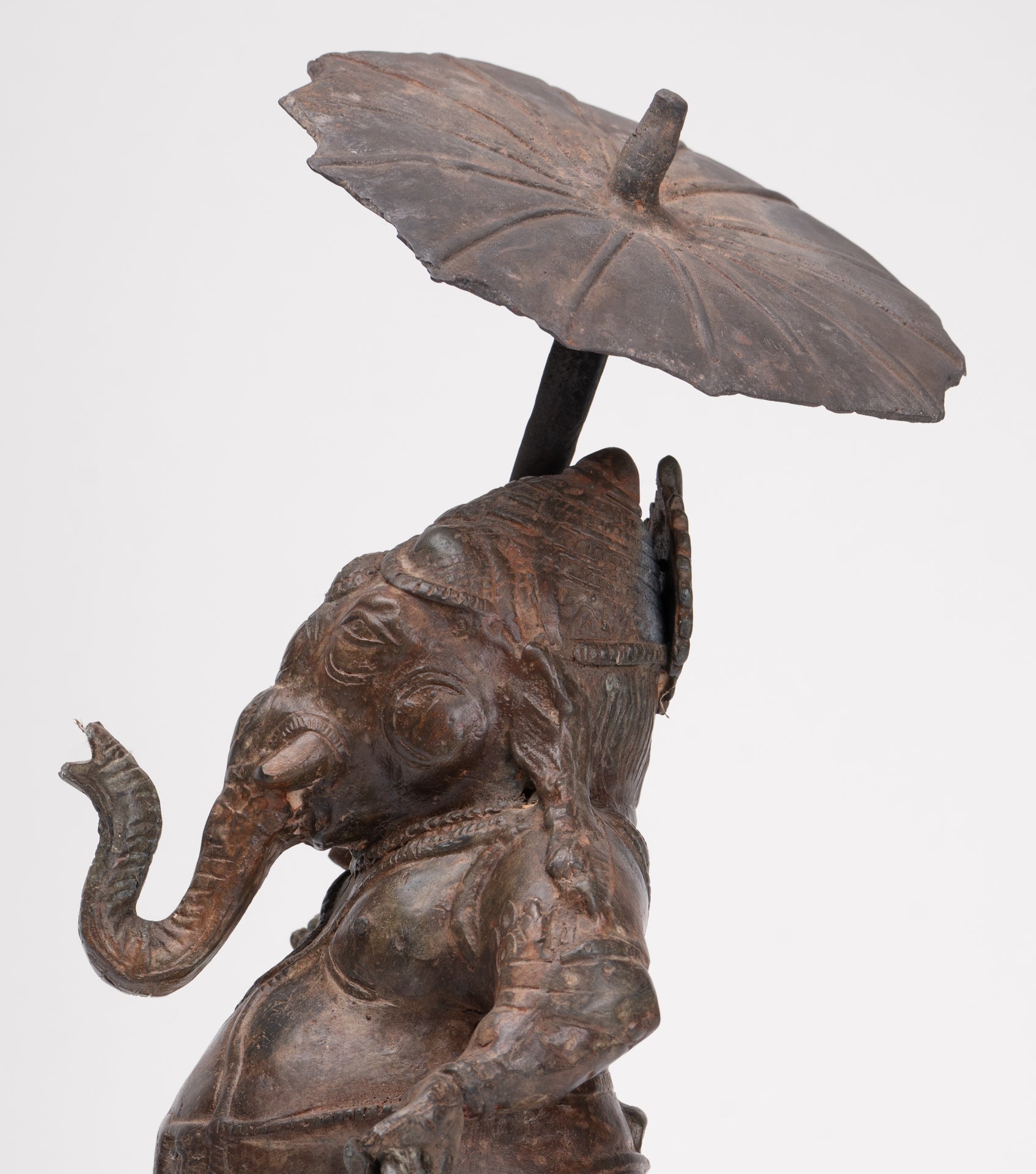 Antique Chola Style Standing Bronze Bridegroom or Mappillai Ganesha Statue w/Umbrella - 39cm/16"