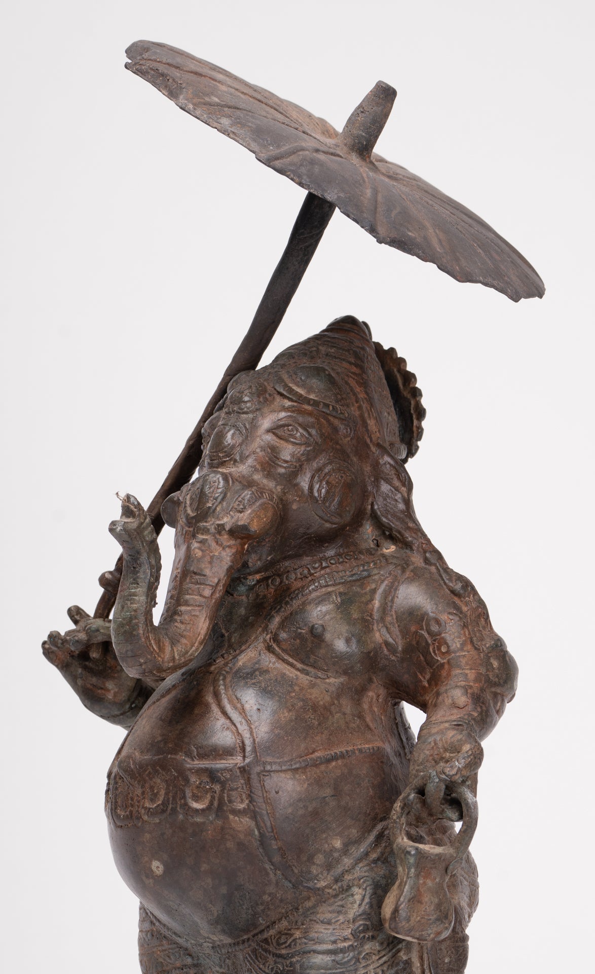 Antique Chola Style Standing Bronze Bridegroom or Mappillai Ganesha Statue w/Umbrella - 39cm/16"