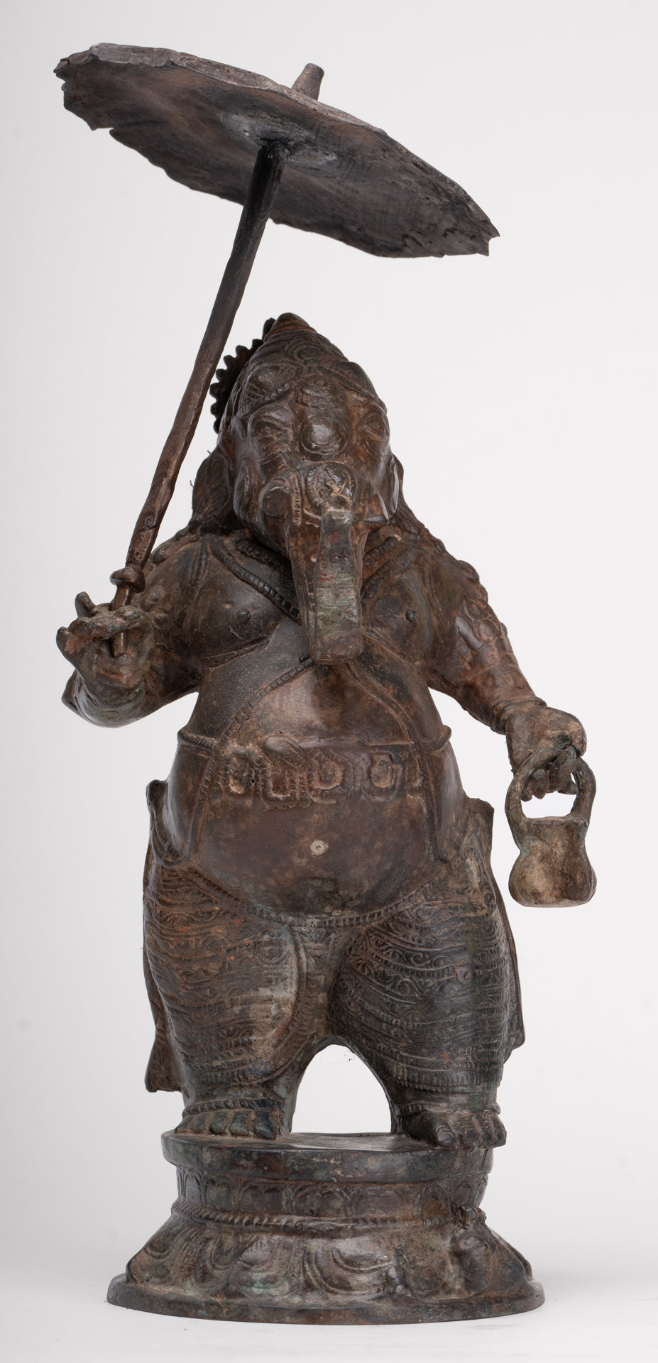 Antique Chola Style Standing Bronze Bridegroom or Mappillai Ganesha Statue w/Umbrella - 39cm/16"