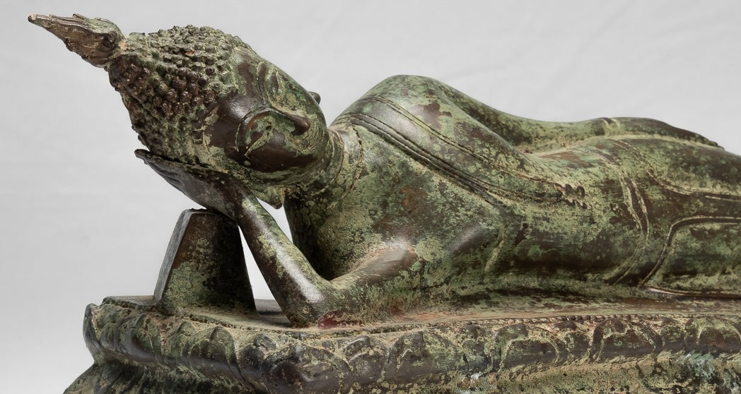 Buddha Statue - Antique Thai Style Bronze Sukhothai Reclining Nirvana Buddha Statue - 54cm/22"