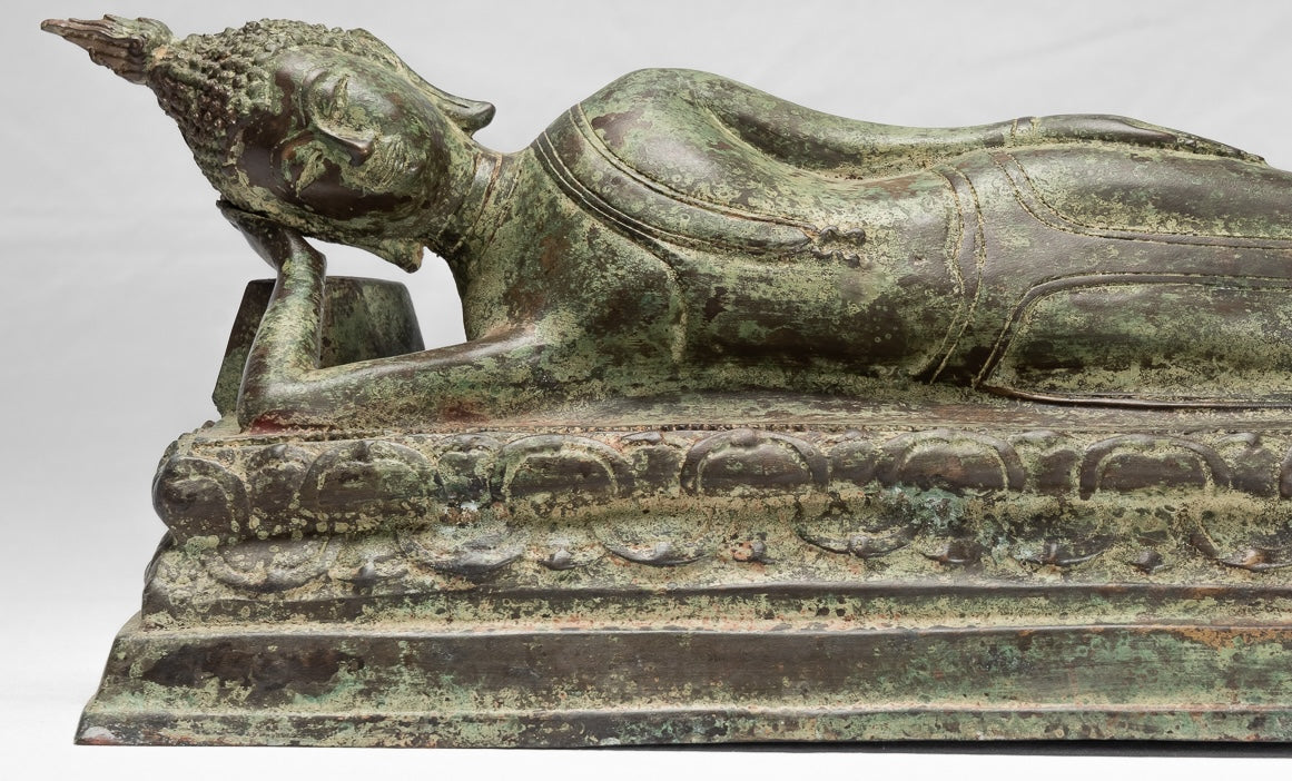 Buddha Statue - Antique Thai Style Bronze Sukhothai Reclining Nirvana Buddha Statue - 54cm/22"