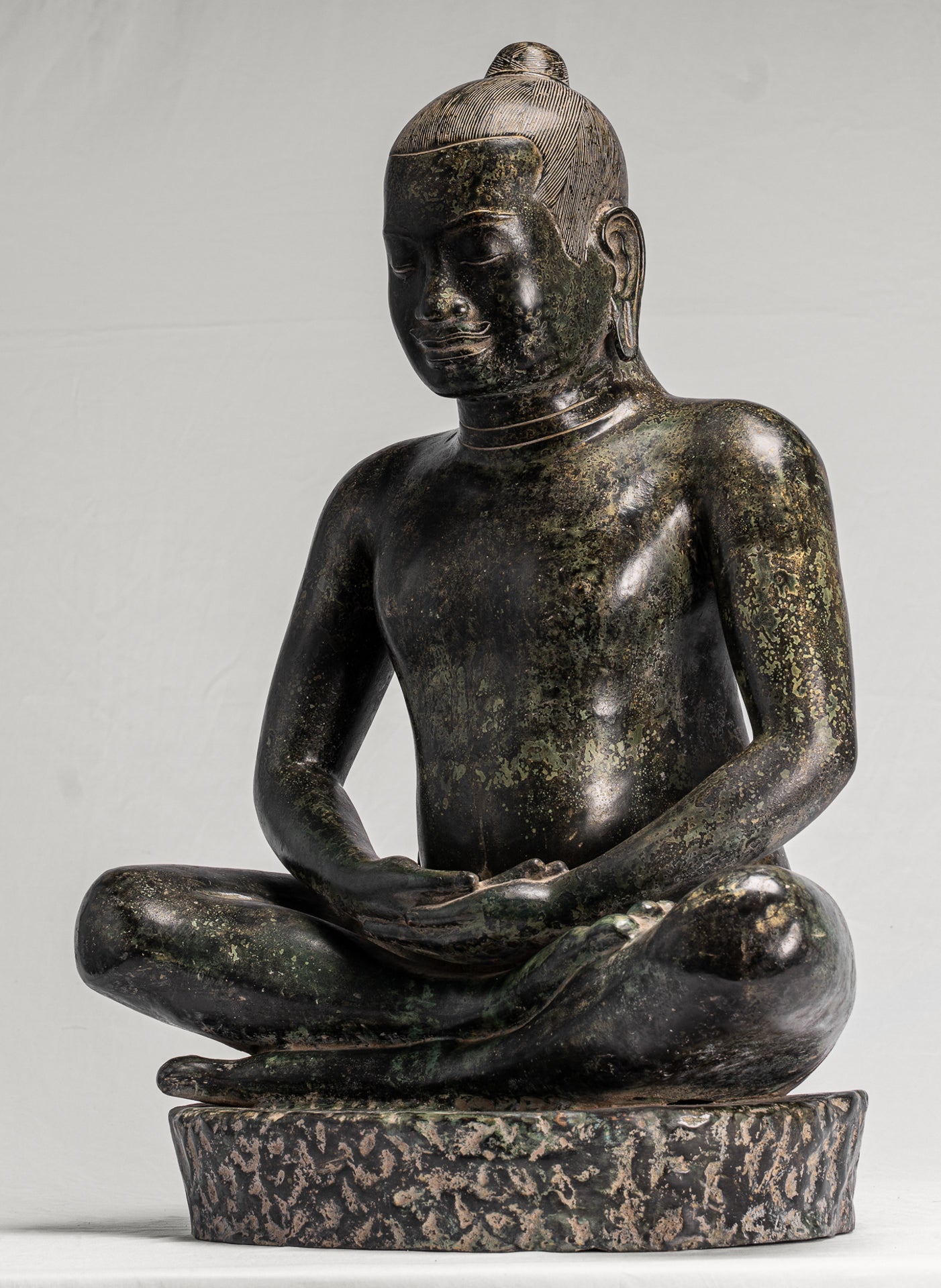 Antique Khmer Style Seated Bronze Meditation Jayavarman VII Statue - 68cm/27"