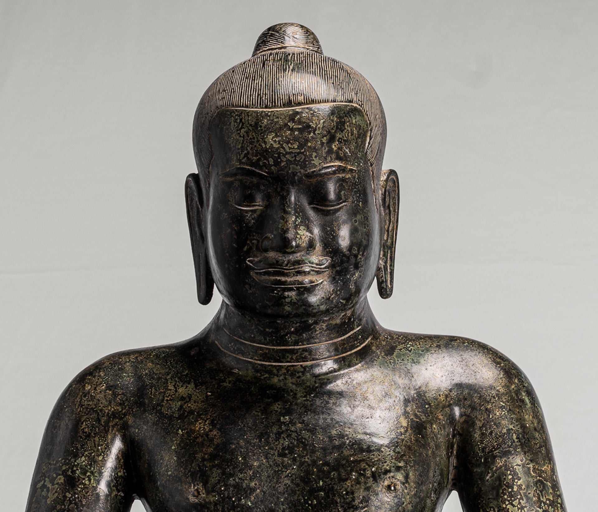Antique Khmer Style Seated Bronze Meditation Jayavarman VII Statue - 68cm/27"