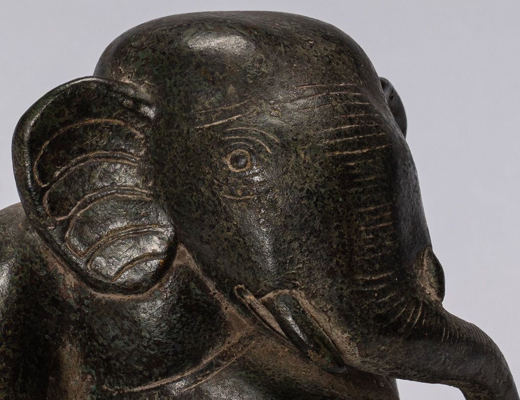 Ganesh Statue - Antique Cham Style Seated Bronze Ganesha Statue - 20cm/8"