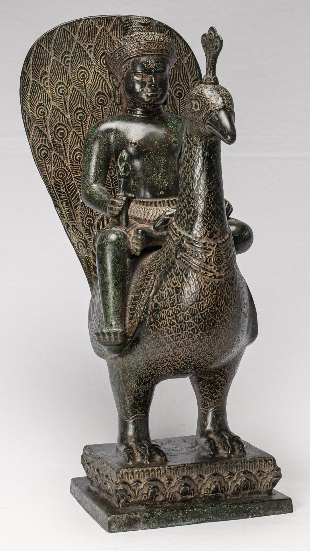 Murugan Statue - Antique Khmer Style Bronze Murugan on His Peacock - 53cm/21"
