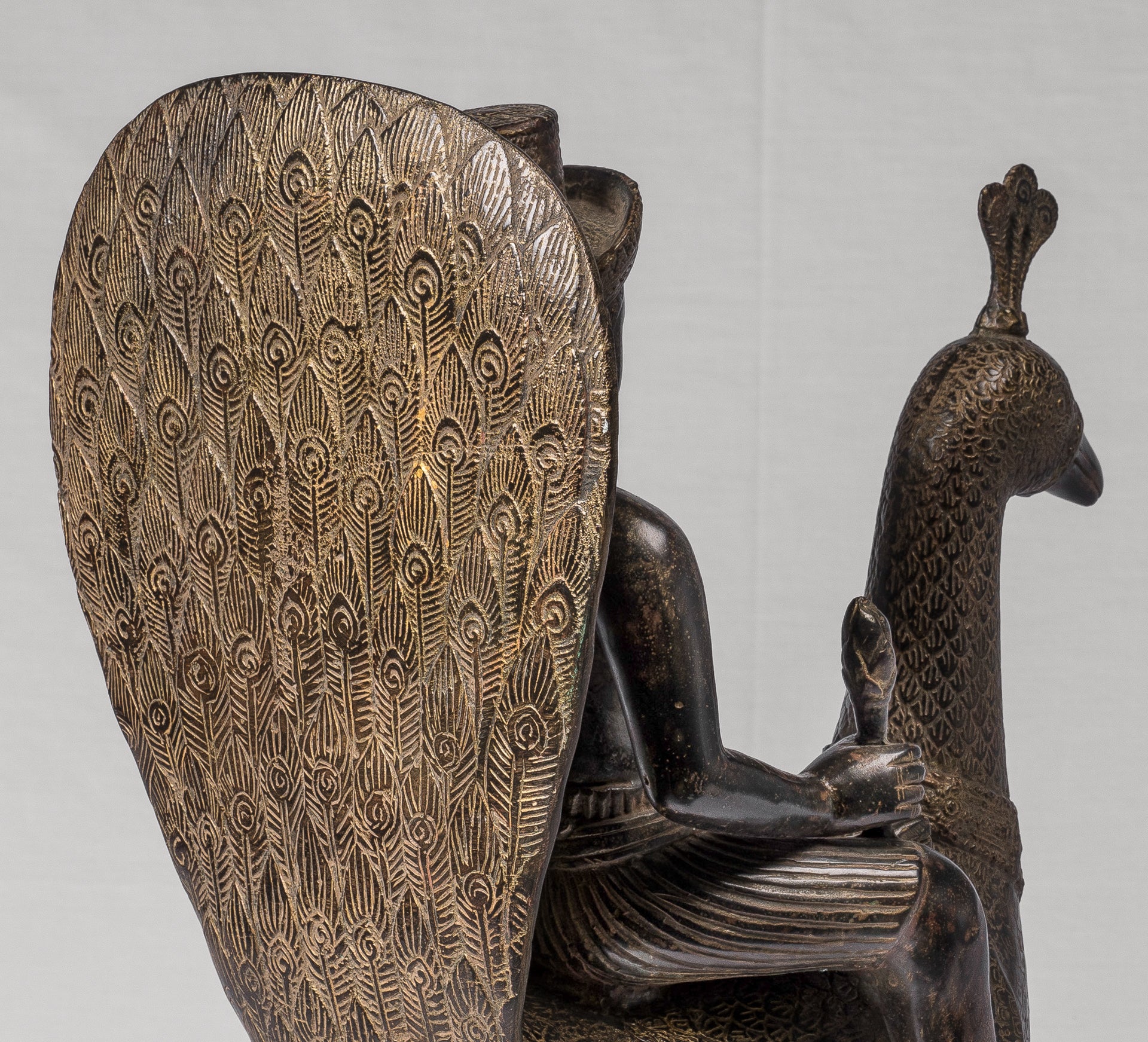 Murugan Statue - Antique Khmer Style Bronze Murugan on His Peacock - 53cm/21"