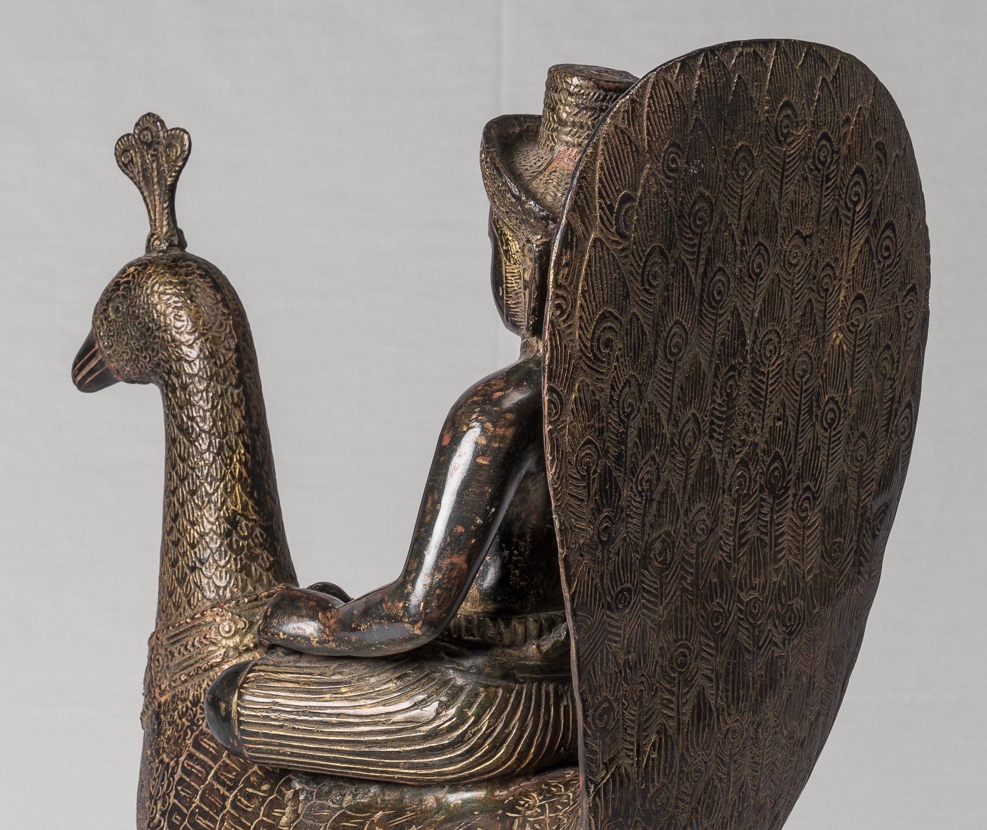 Murugan Statue - Antique Khmer Style Bronze Murugan on His Peacock - 53cm/21"