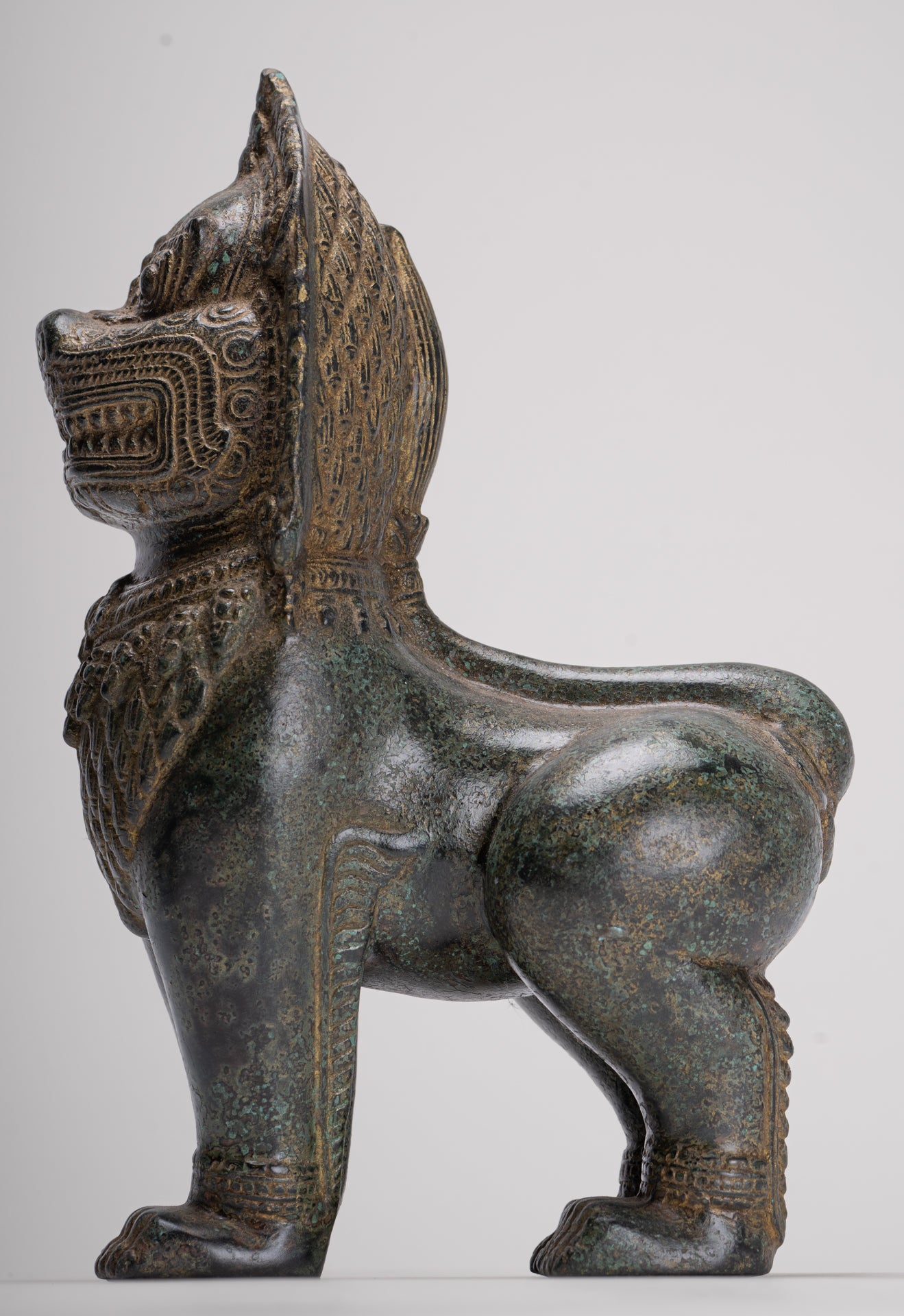 Temple Lion - Antique Khmer Style Bronze Standing Temple Guardian or Lion - 28cm/11"