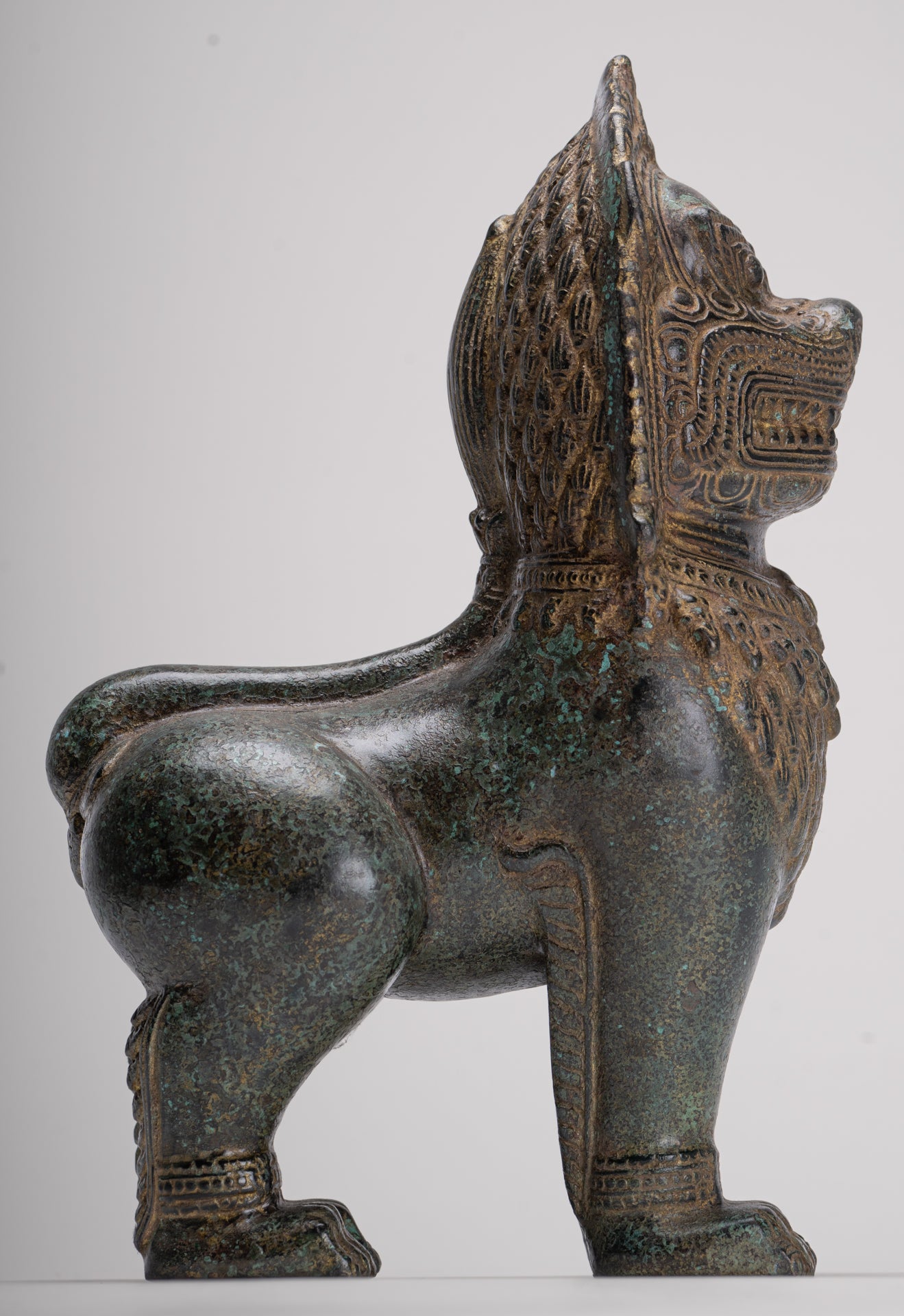 Temple Lion - Antique Khmer Style Bronze Standing Temple Guardian or Lion - 28cm/11"