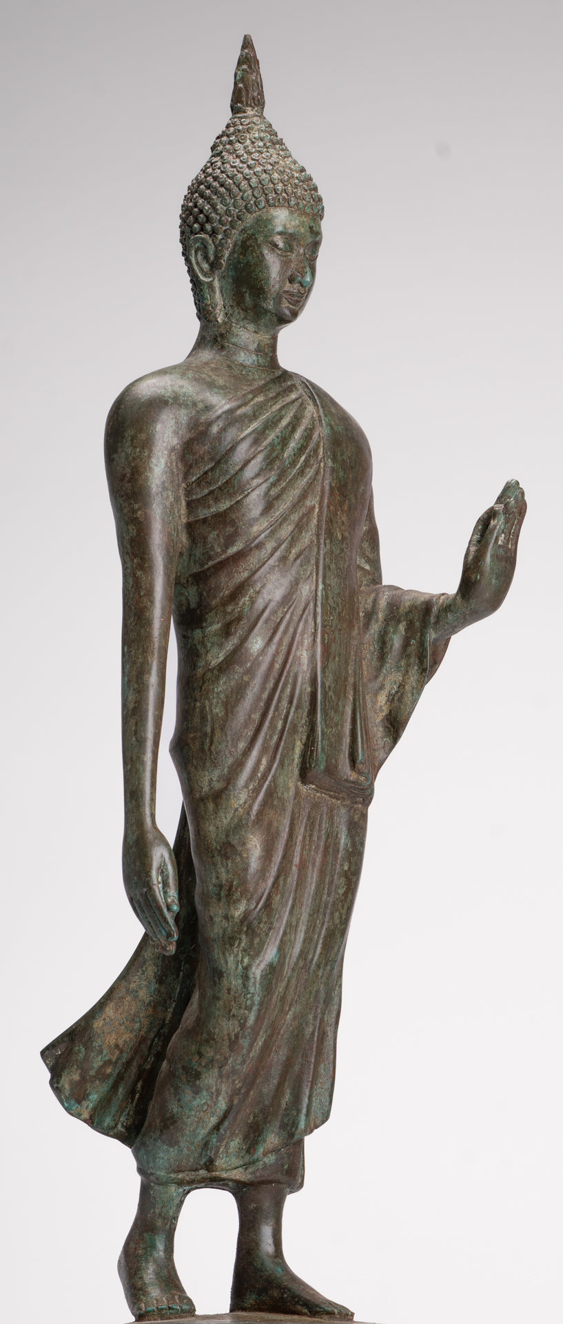 Antique Sukhothai Style Standing Bronze Thai Protection Walking Buddha Statue - 57cm/23"
