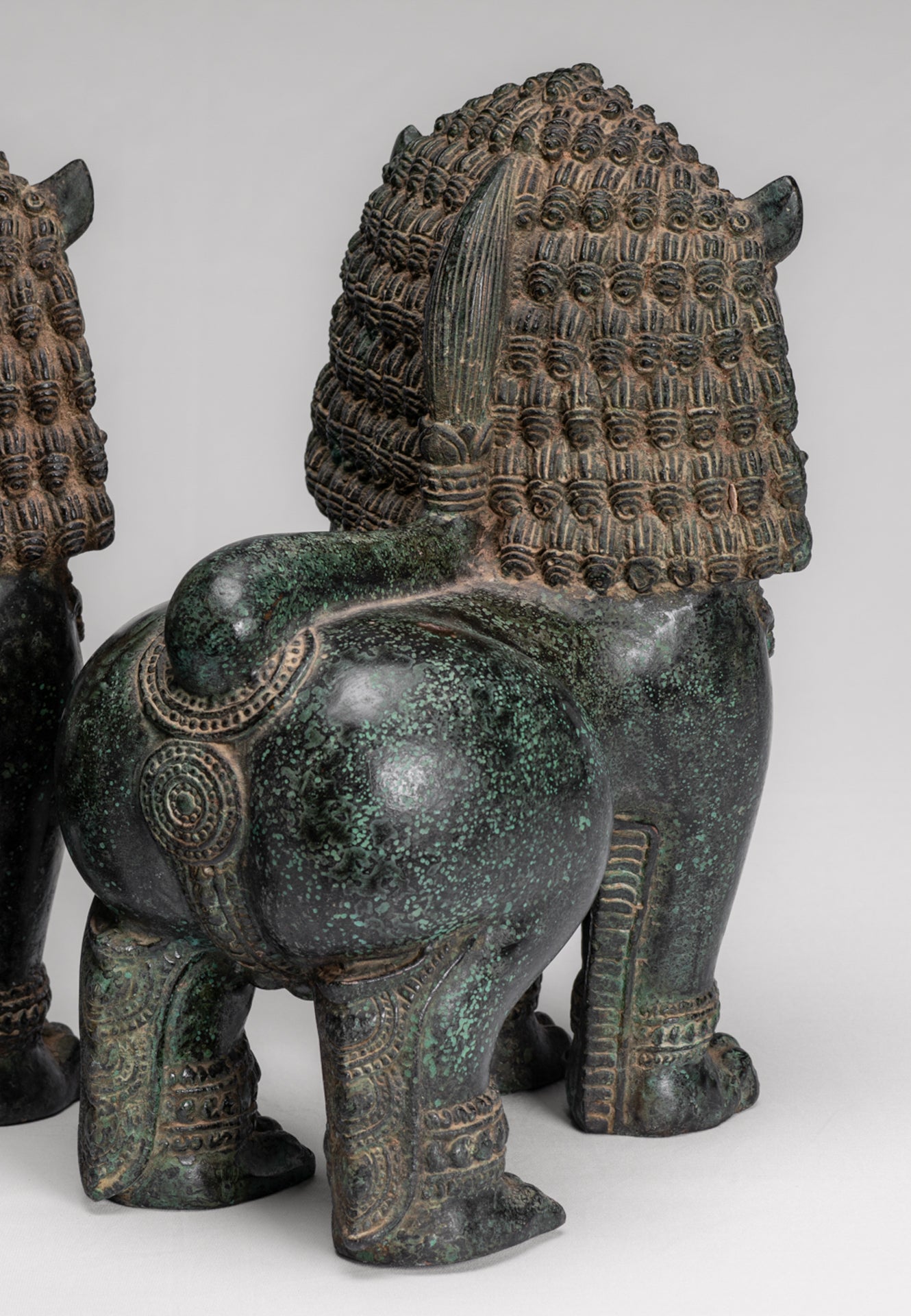 Temple Lion - Antique Khmer Style Bronze Standing Temple Guardian or Lion - 31cm/12" (Pair)