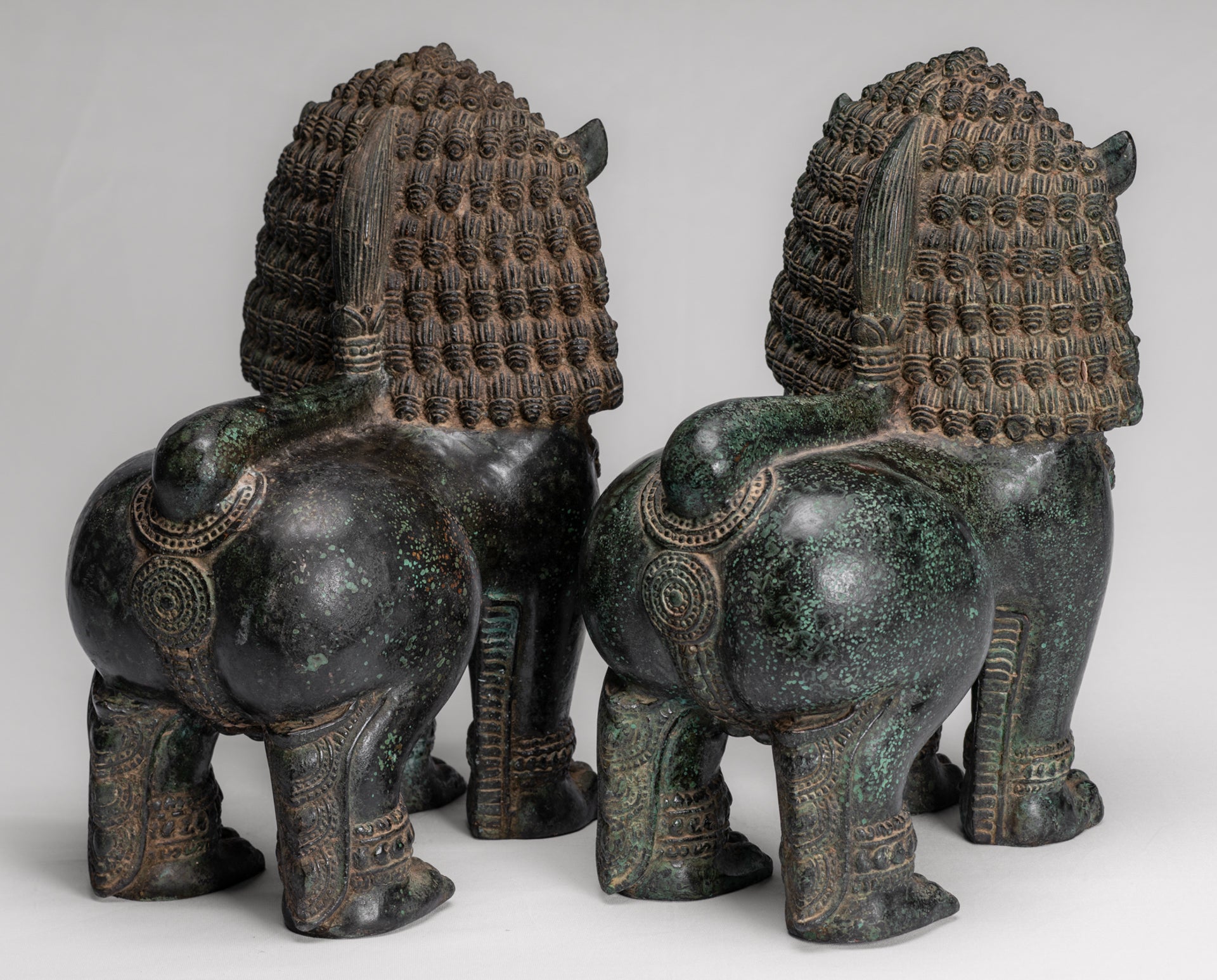 Temple Lion - Antique Khmer Style Bronze Standing Temple Guardian or Lion - 31cm/12" (Pair)