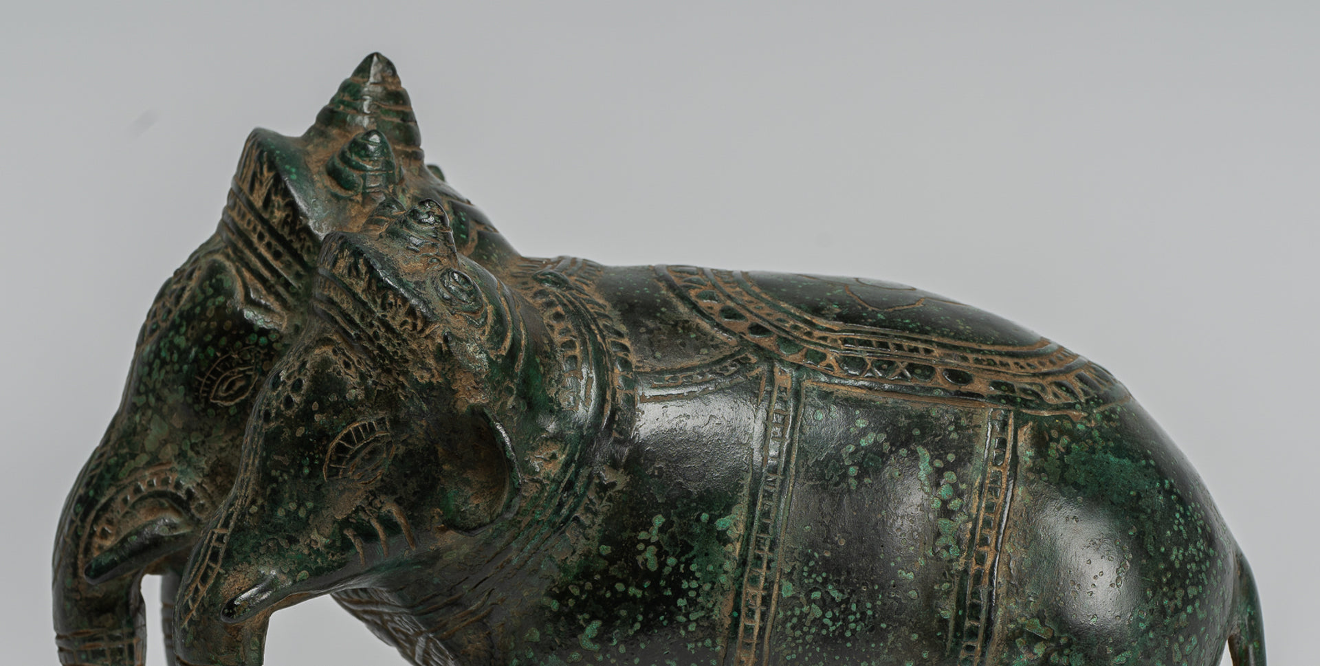 Antique Khmer Style Bronze Erawan Airavata or Elephant Statue - 18cm/7" Tall