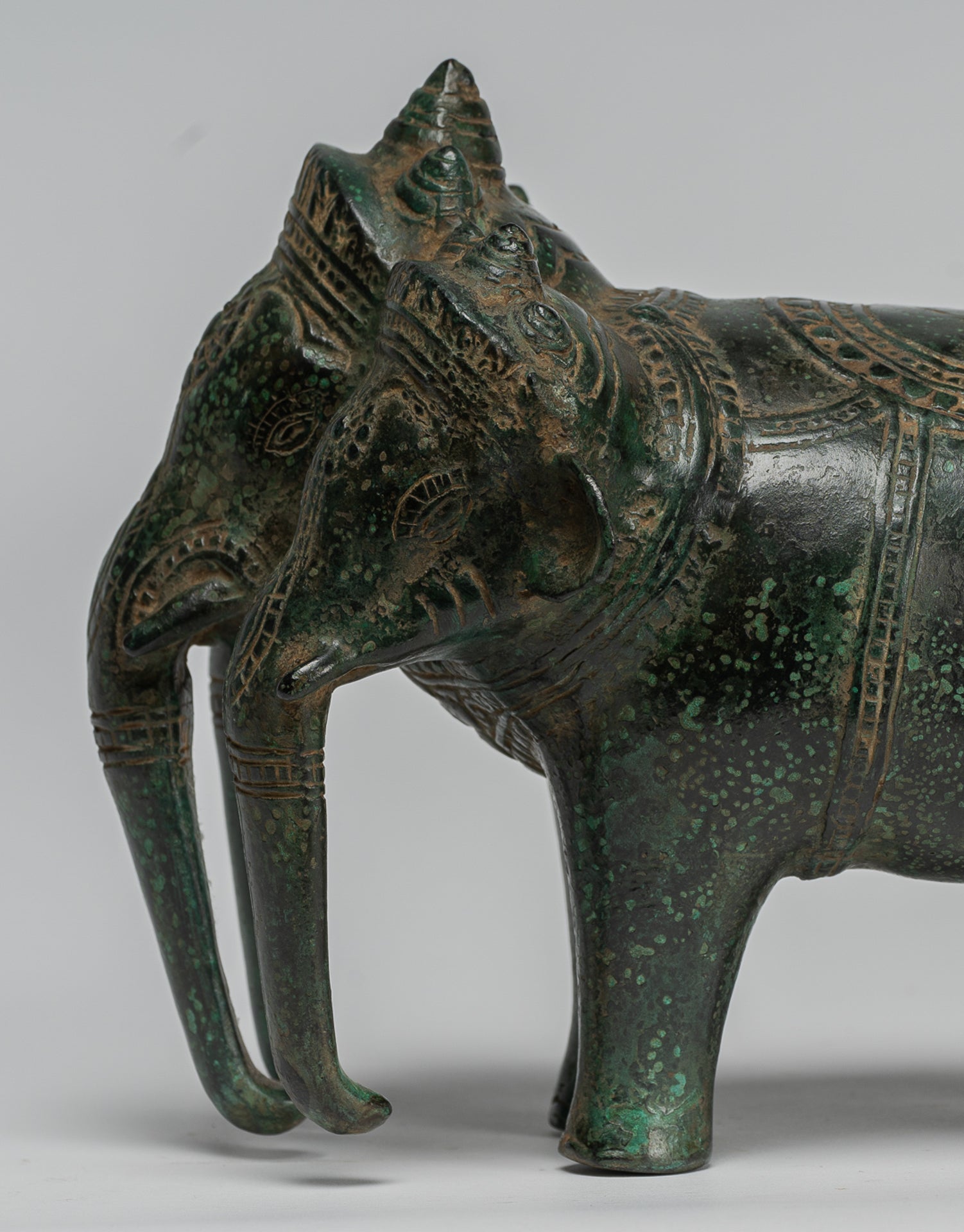 Antique Khmer Style Bronze Erawan Airavata or Elephant Statue - 18cm/7" Tall