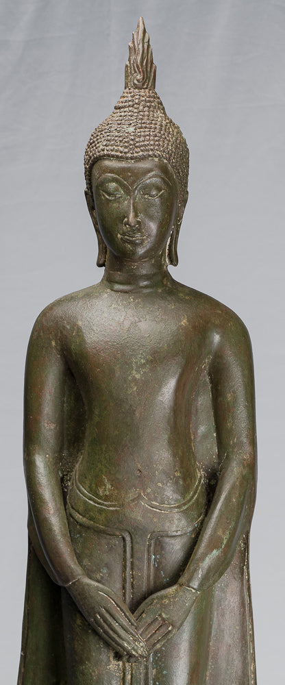 Stehende, nachdenkliche Buddha-Statue aus Bronze im antiken thailändischen Ayutthaya-Stil – 99 cm.