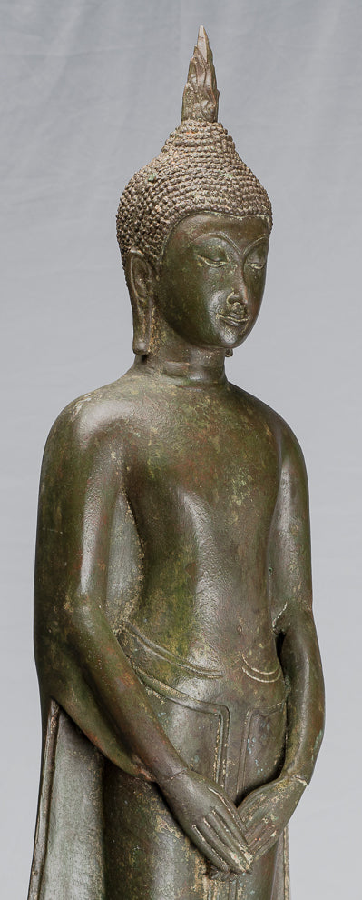 Stehende, nachdenkliche Buddha-Statue aus Bronze im antiken thailändischen Ayutthaya-Stil – 99 cm.