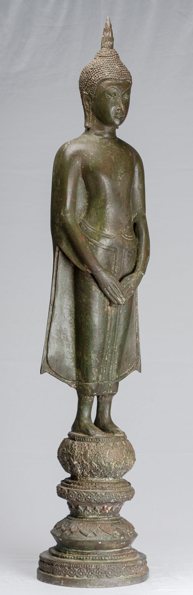 Stehende, nachdenkliche Buddha-Statue aus Bronze im antiken thailändischen Ayutthaya-Stil – 99 cm.