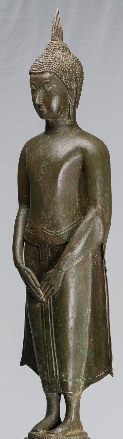Stehende, nachdenkliche Buddha-Statue aus Bronze im antiken thailändischen Ayutthaya-Stil – 99 cm.