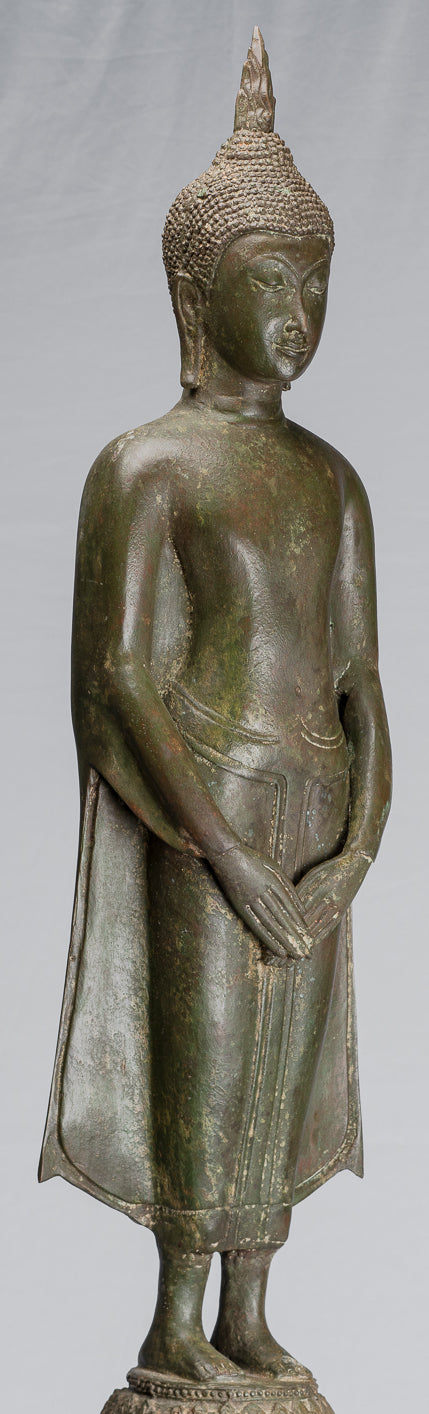 Stehende, nachdenkliche Buddha-Statue aus Bronze im antiken thailändischen Ayutthaya-Stil – 99 cm.