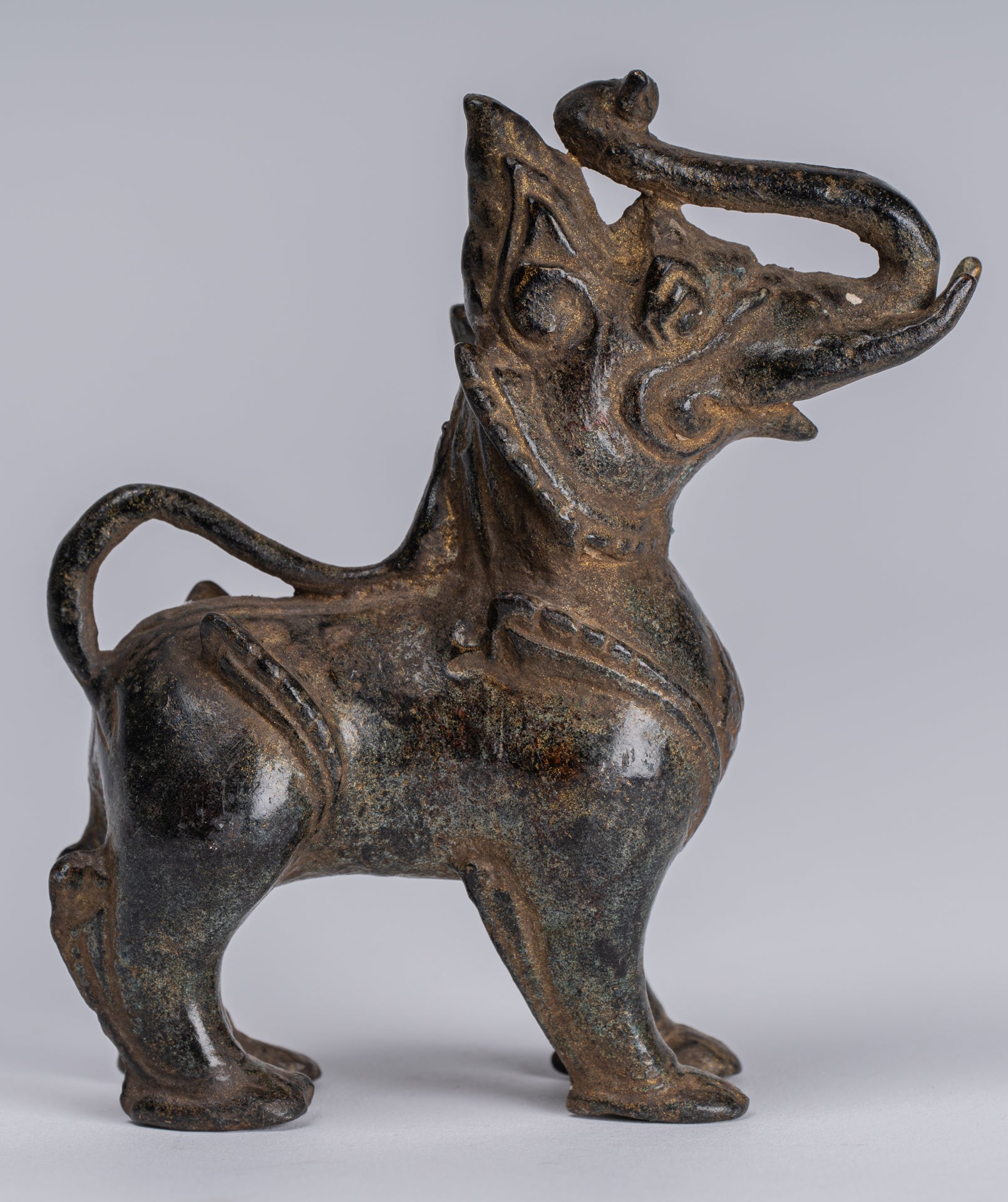 Bronzo di bronzo bronico antico Bronzo in piedi Chinthe Guardian Temple Lion - 11,5 cm/5 "