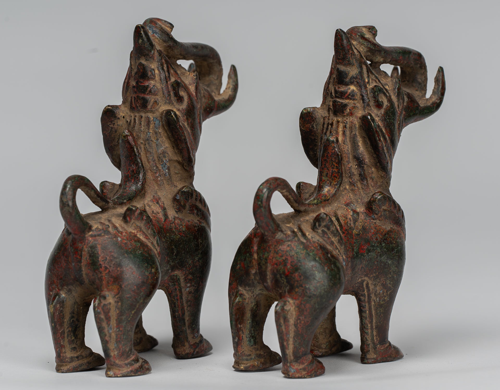 Antique Burmese Style Bronze Standing Chinthe Guardian Temple Lions - 11.5cm/5" (Pair)