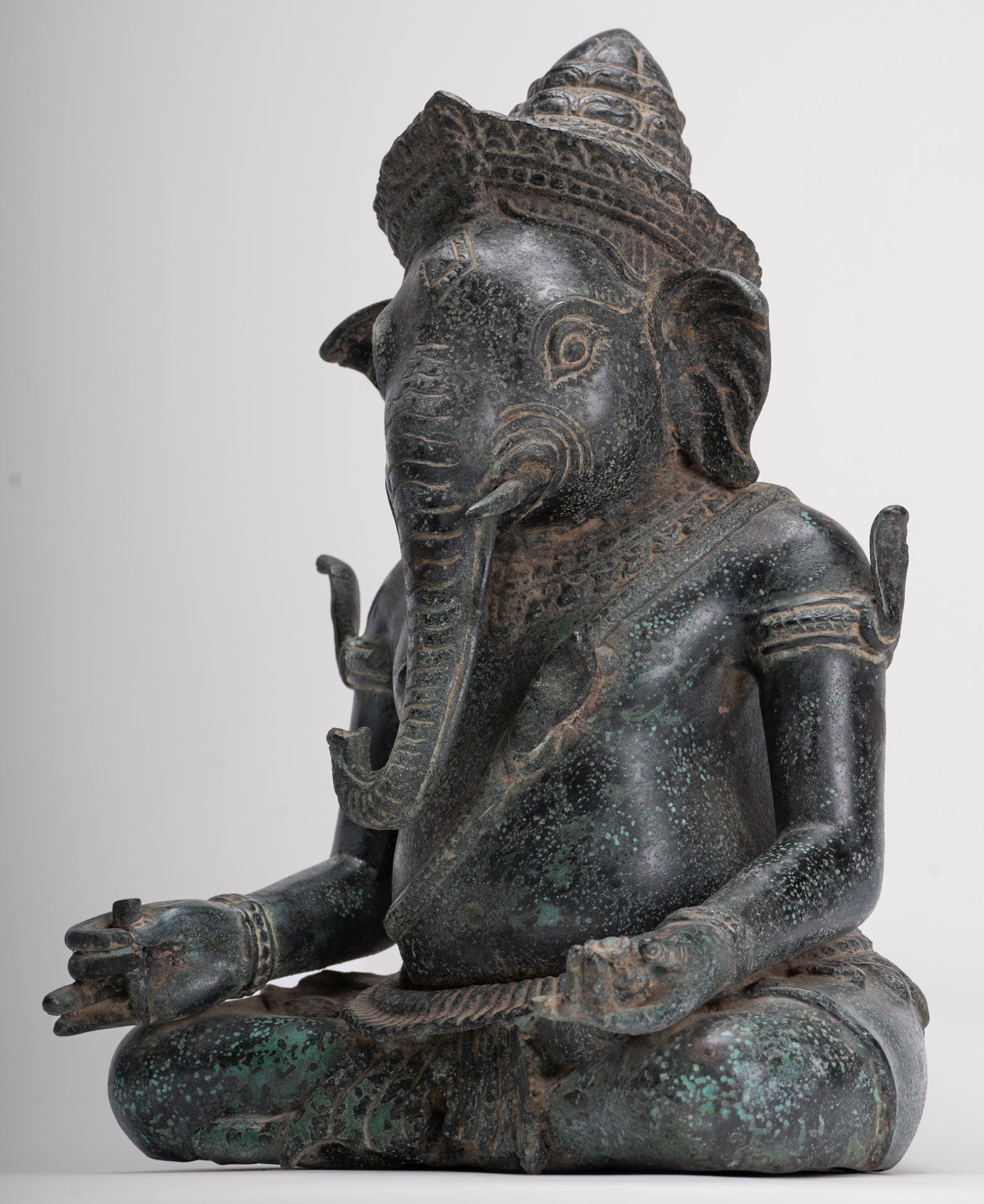 Ganesha Statue - Antique Khmer Style Bayon Seated Ganesh Statue - 36cm/14"