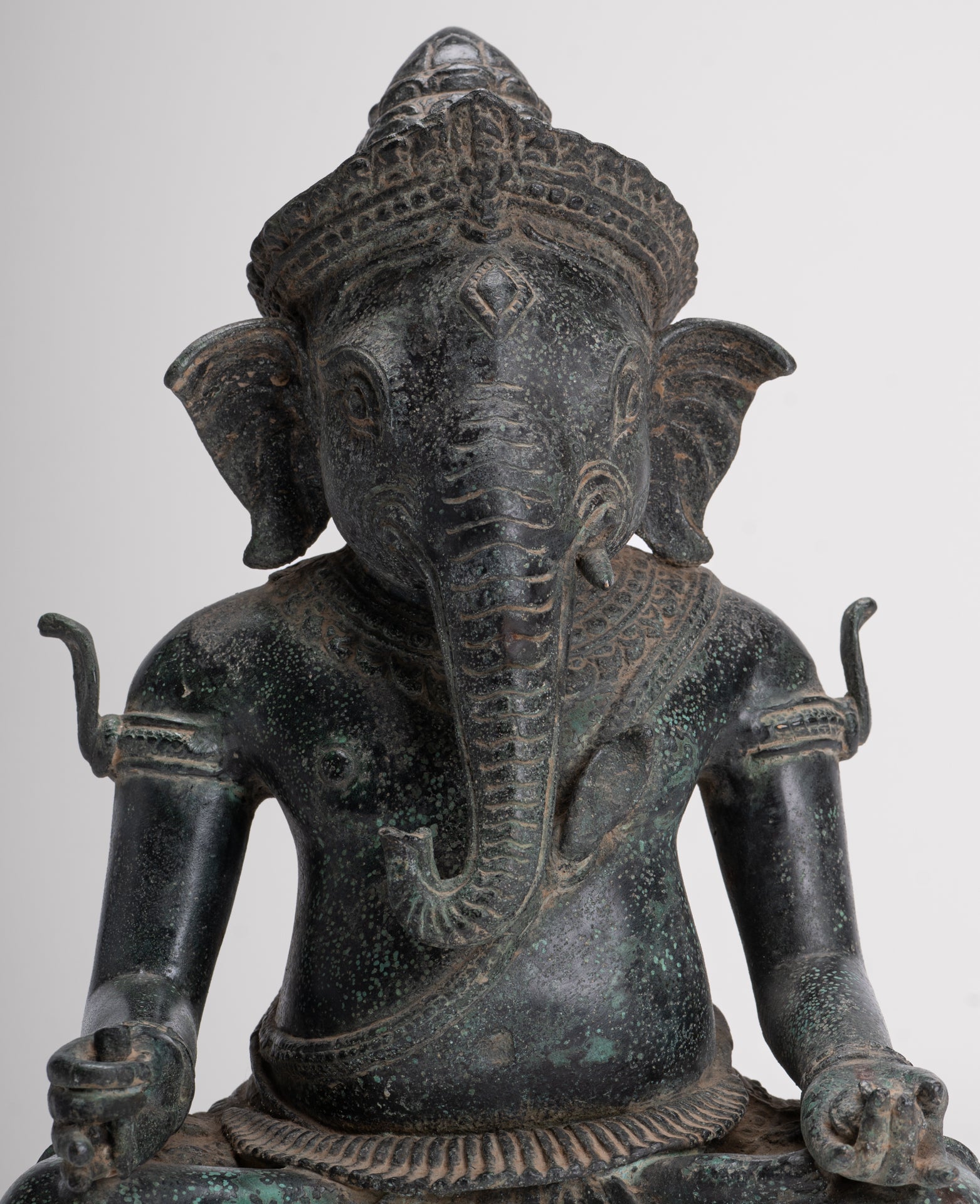 Ganesha Statue - Antique Khmer Style Bayon Seated Ganesh Statue - 36cm/14"