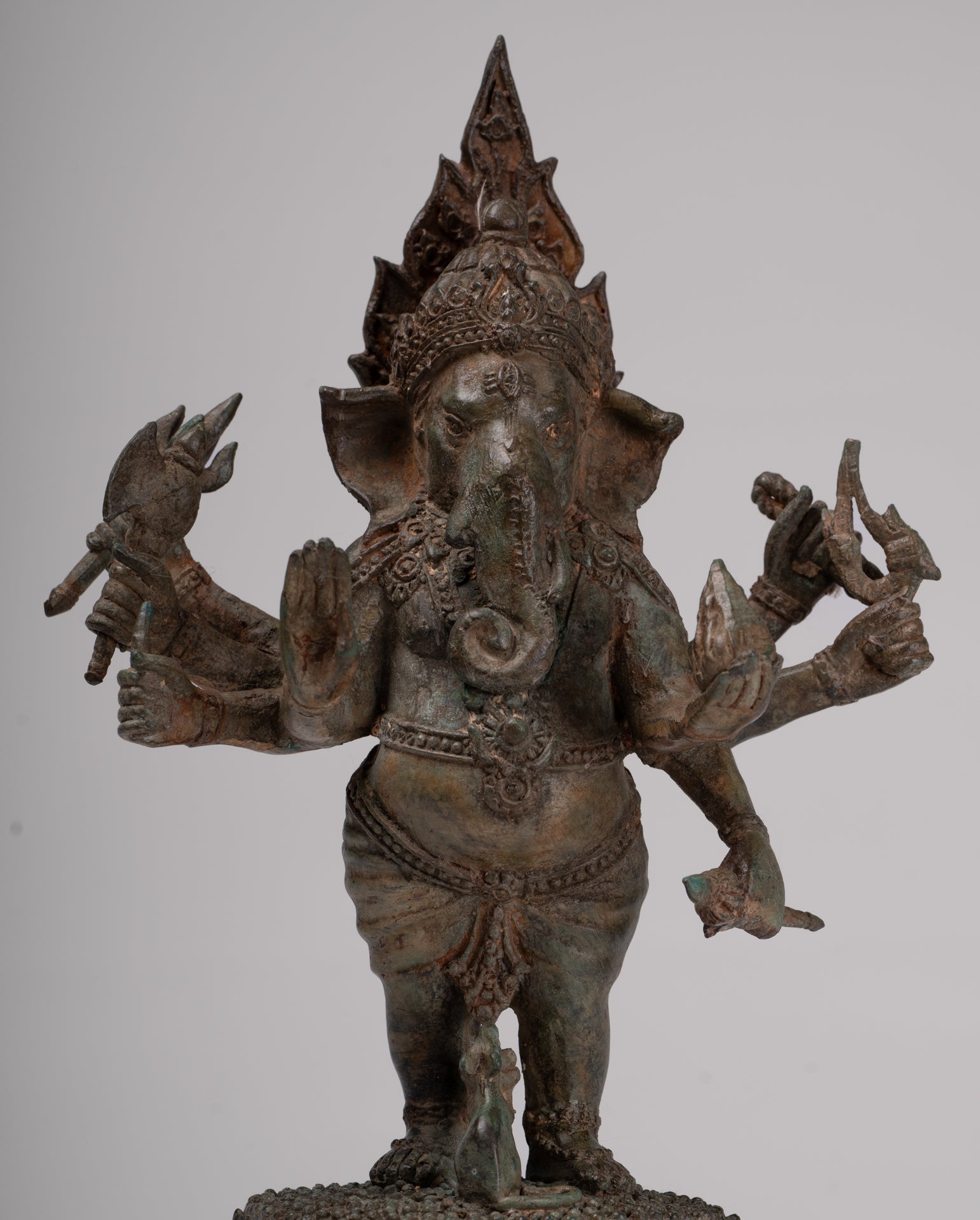 Ganesha Statue - Antique Thai Style Bronze Standing 8-Arm Ganesha Statue - 29cm/12"