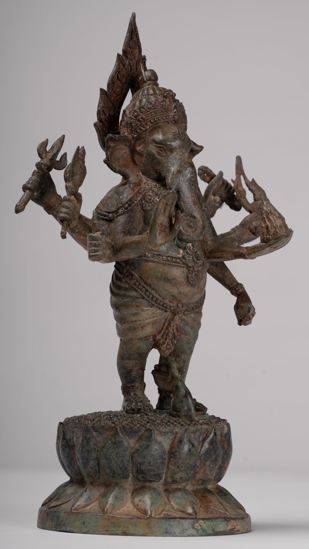 Ganesha Statue - Antique Thai Style Bronze Standing 8-Arm Ganesha Statue - 29cm/12"