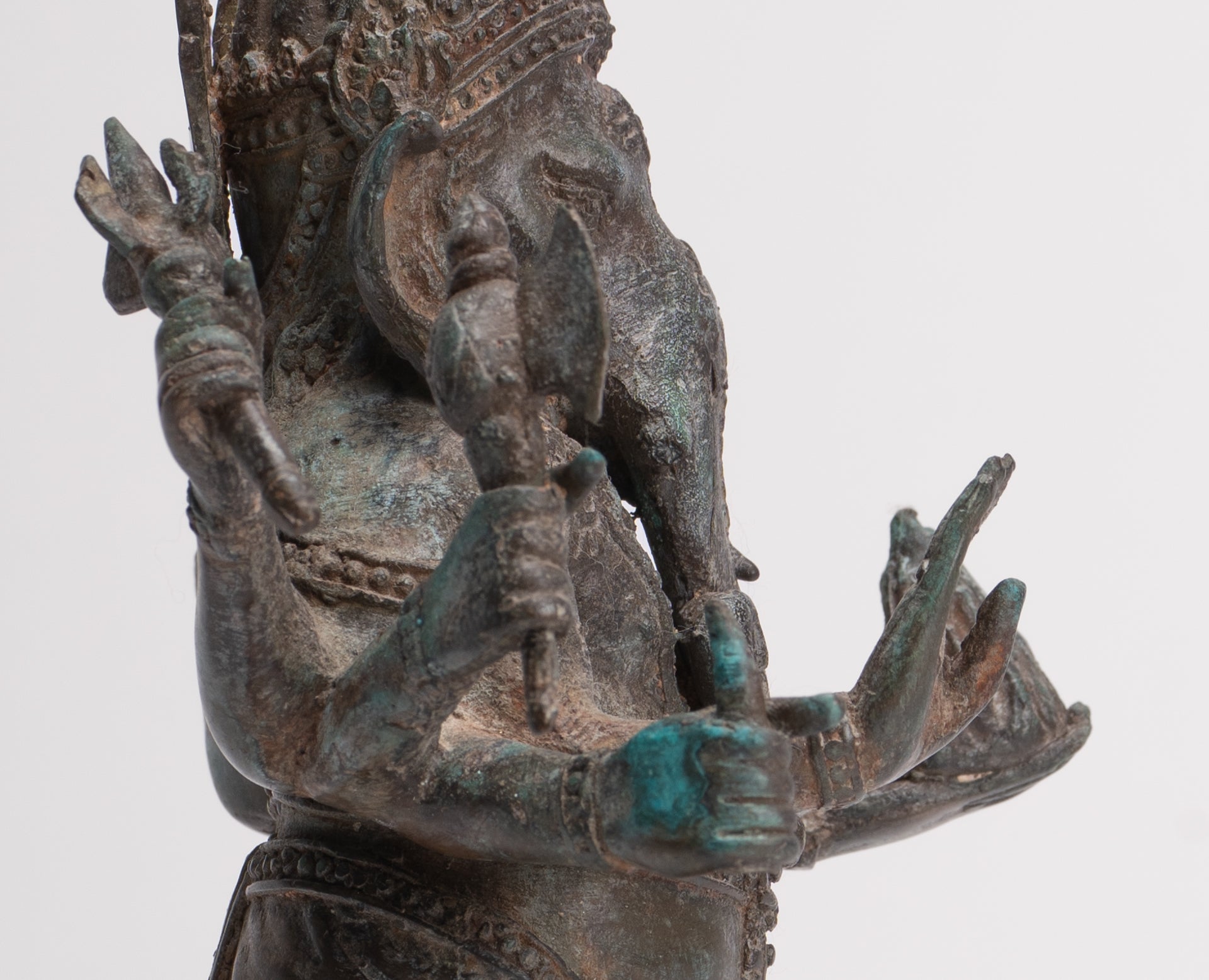Antique Thai Style Bronze Standing 8-Arm Ganesha Statue - 28cm/11"