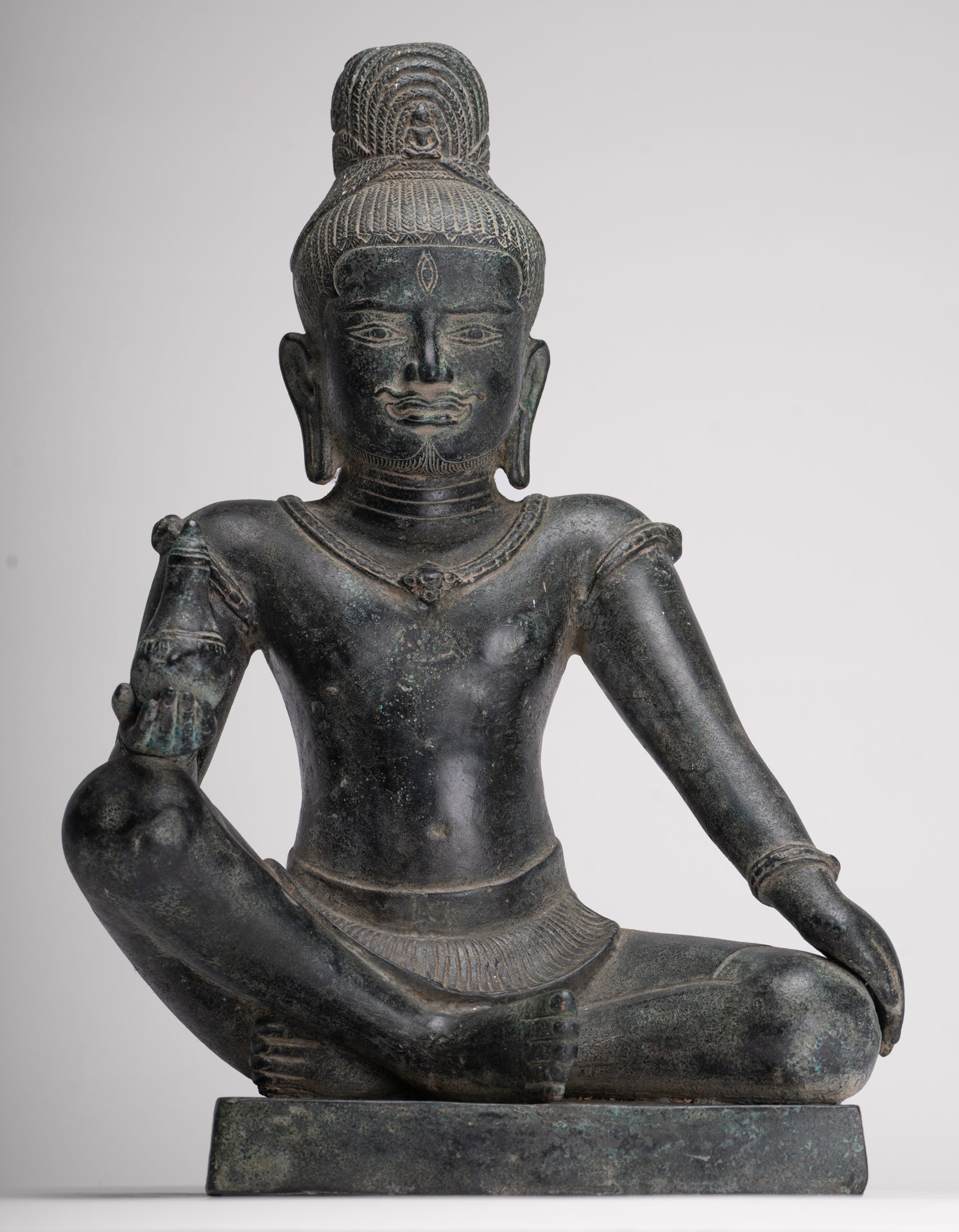 Lokeshvara Statue - Antique Khmer Style Seated Bronze Bayon Style Lokeshvara - 39cm/16"