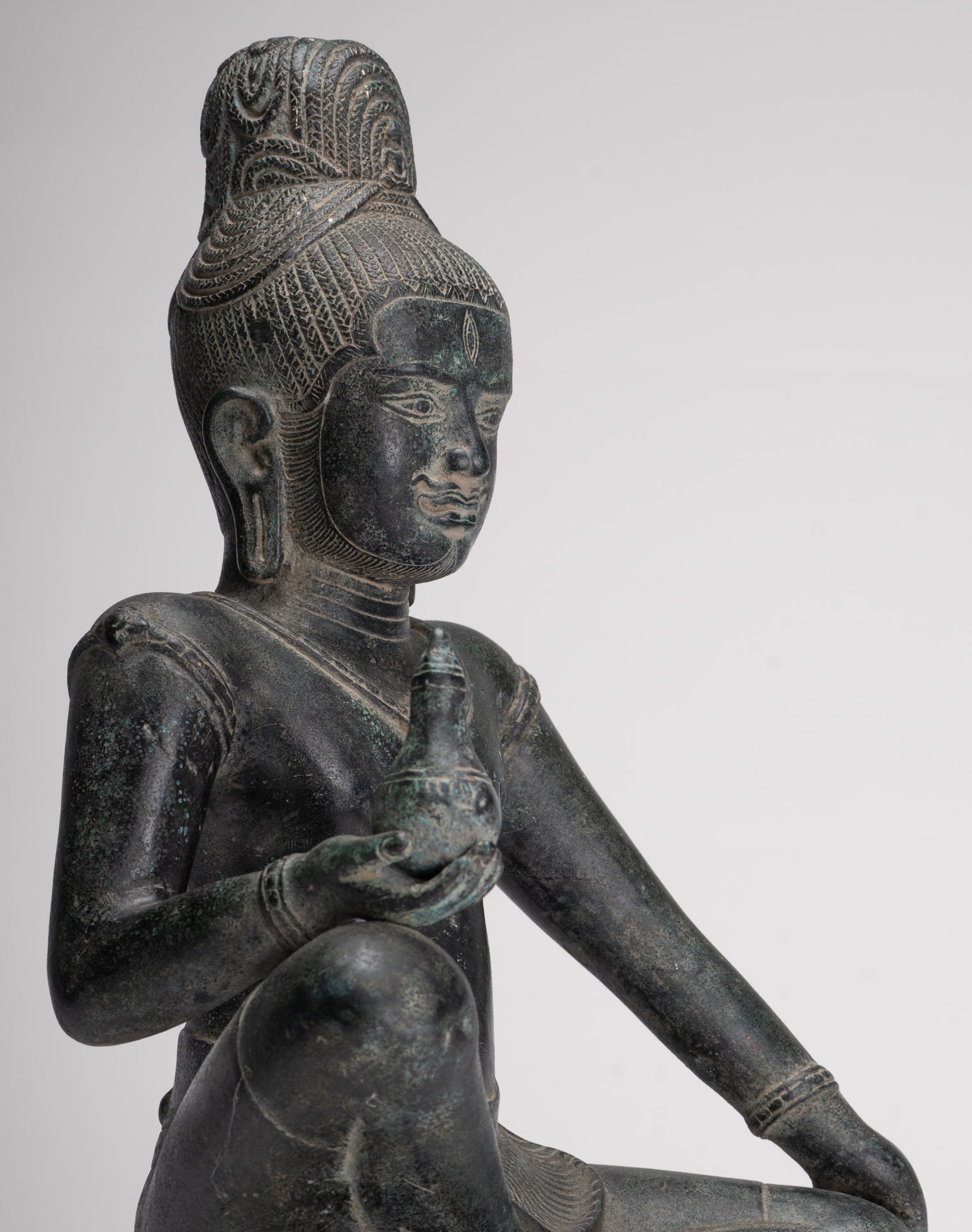 Lokeshvara Statue - Antique Khmer Style Seated Bronze Bayon Style Lokeshvara - 39cm/16"