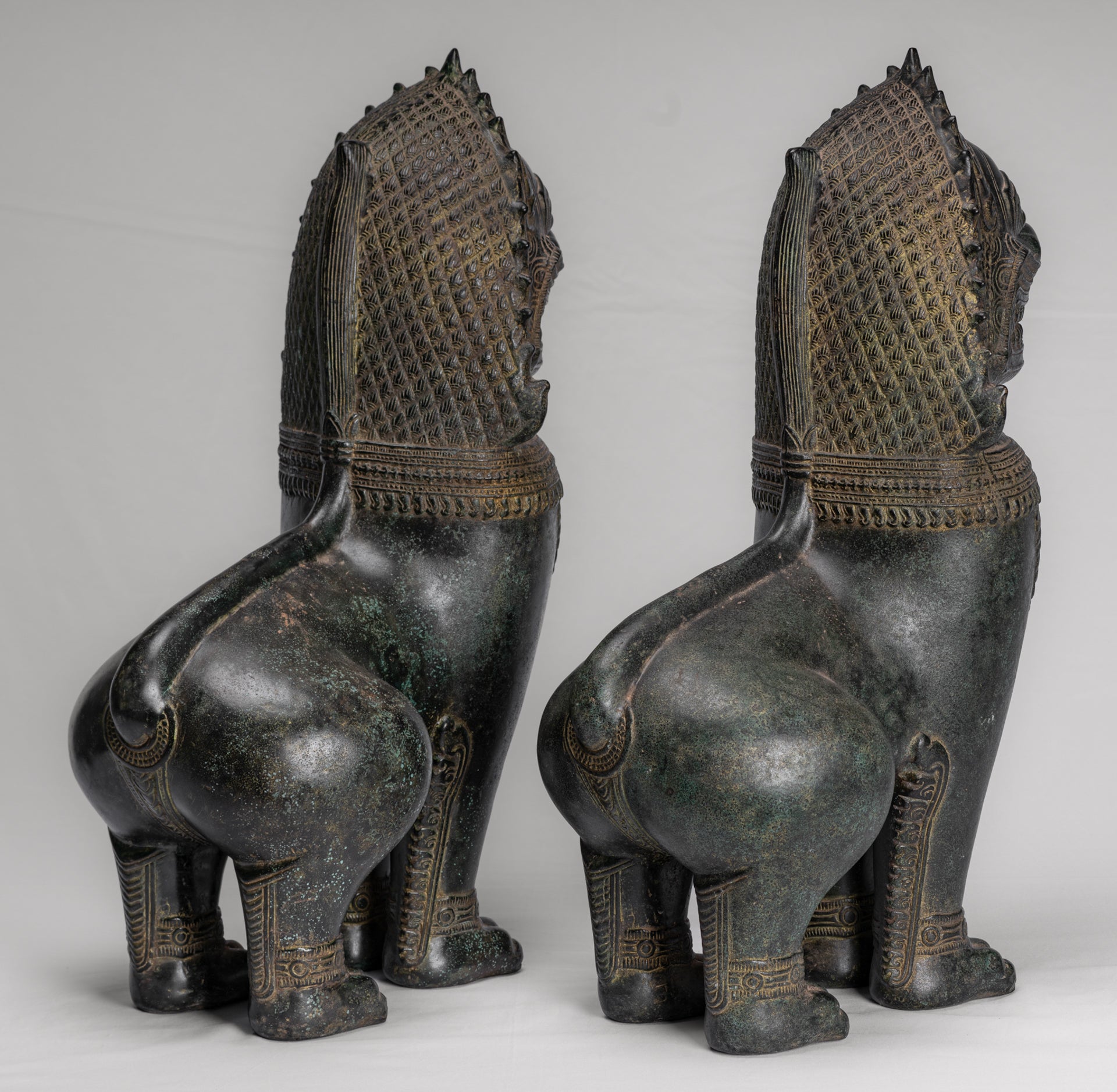 Temple Lions - Antique Khmer Style Bronze Standing Temple Guardians or Lions - 54cm/22" (Pair)