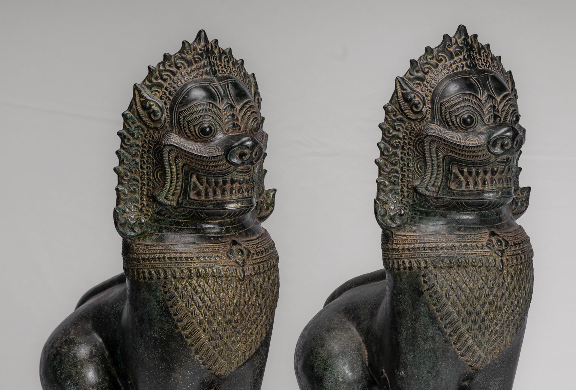 Temple Lions - Antique Khmer Style Bronze Standing Temple Guardians or Lions - 54cm/22" (Pair)