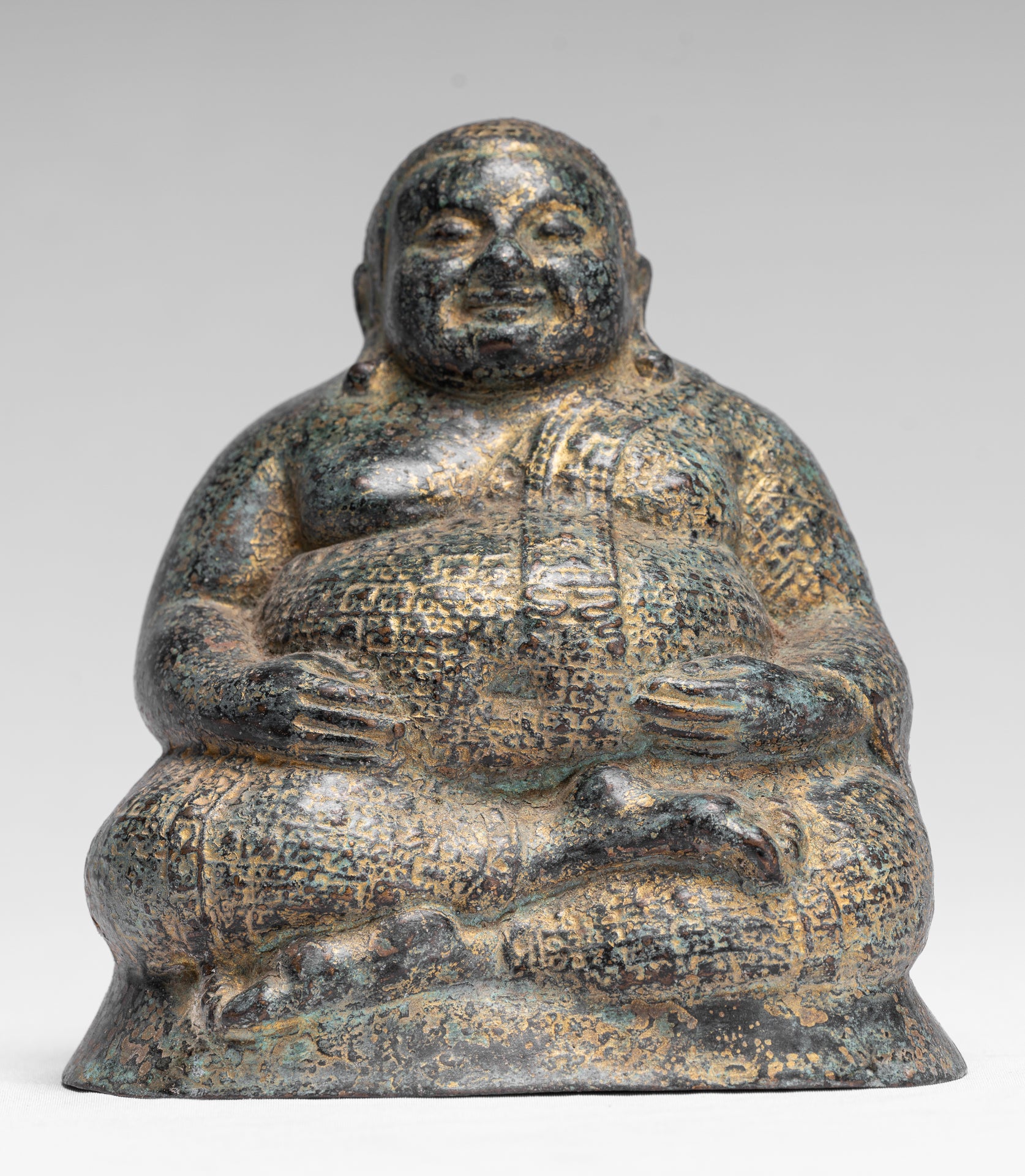 Statue di Buddha - Antique Khmer in stile Khmer Bronzo felice, grasso, statua di Buddha Budai - 18 cm/7 "