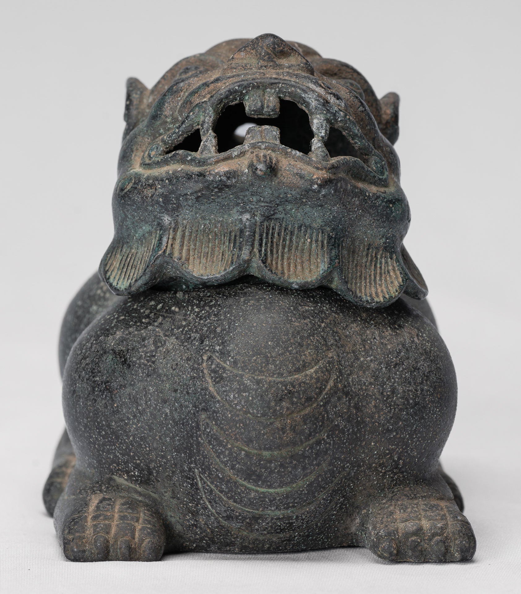 Encensoir dragon en deux pièces en bronze de style chinois antique ou brûleur d'encens et porte-bâton d'encens - 12 cm de haut