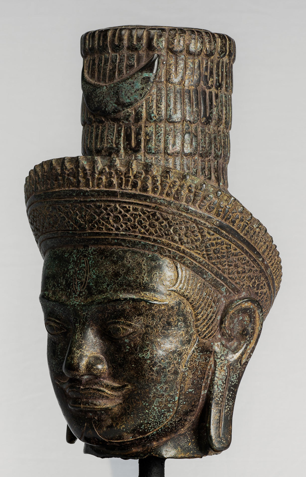 Antique Khmer Style Bronze Mounted Bakheng Shiva Head Statue - 47cm/19"