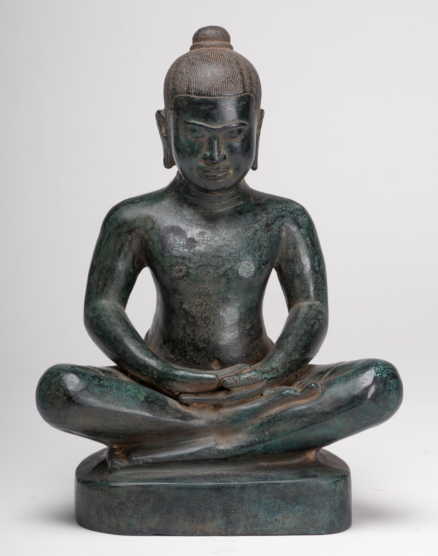 Antique Khmer Style Seated Bronze Meditation Jayavarman VII Statue - 26cm/10"