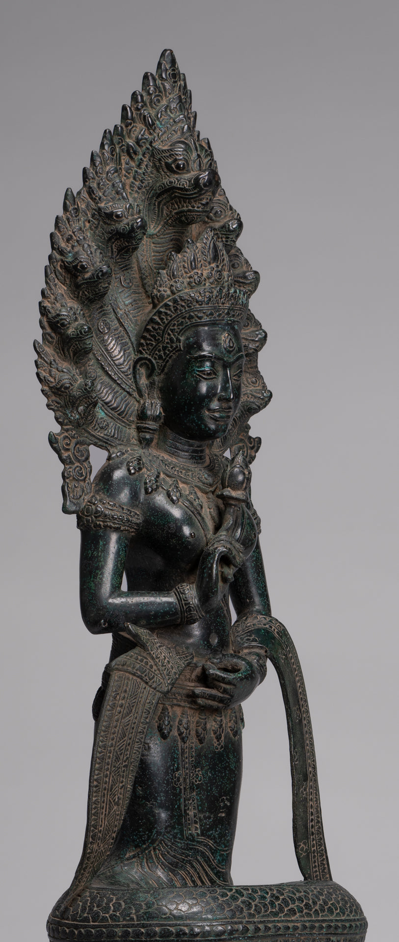Naga Statue - Antique Khmer Style Bronze Protective 'Queen Soma' Mother of Naga, Snake or Serpent Statue - 76cm/30"