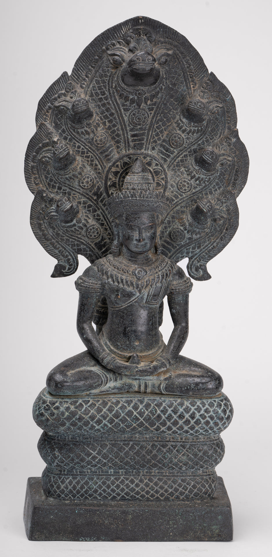 Buddha Statue - Antique Khmer Style Bronze Seated Meditation Naga Buddha Statue - 45cm/18"