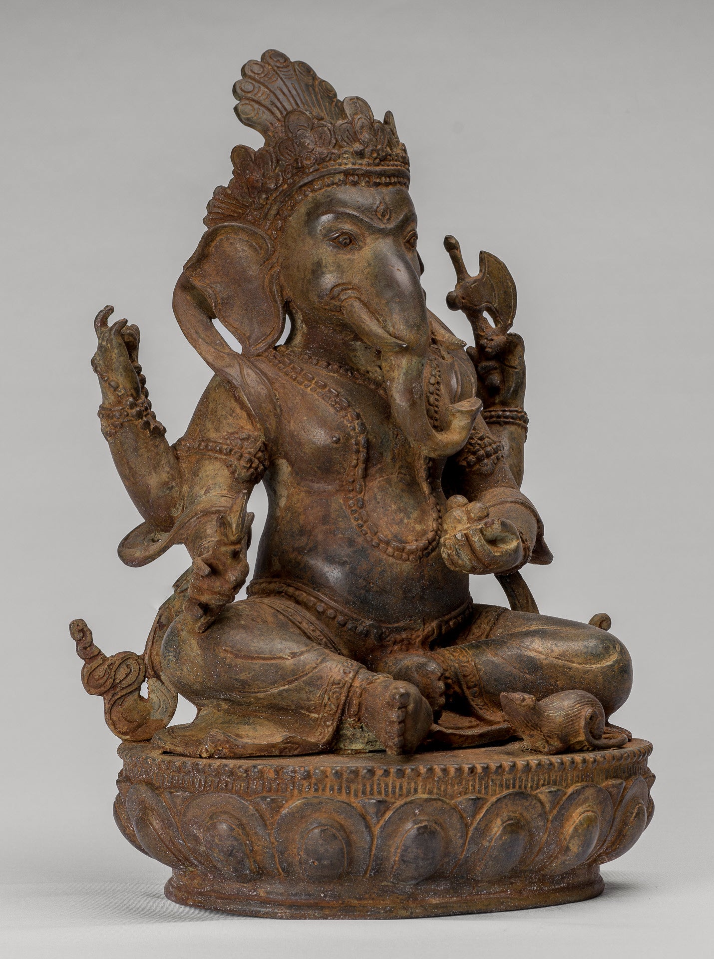 Ganesha Statue - Antique Javanese Style Bronze Seated Majapahit Ganesha Statue - 36cm/14"