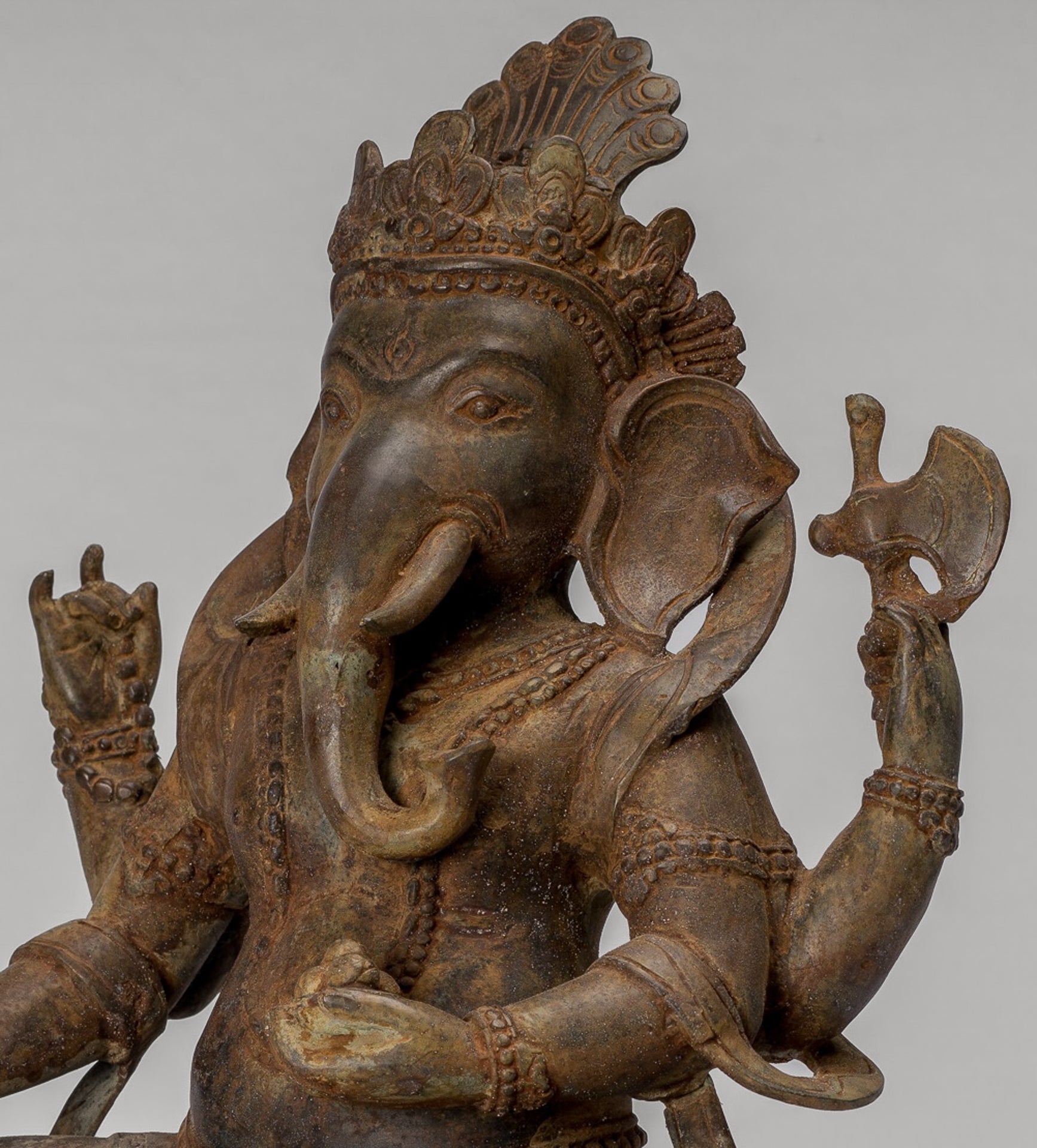 Ganesha Statue - Antique Javanese Style Bronze Seated Majapahit Ganesha Statue - 36cm/14"