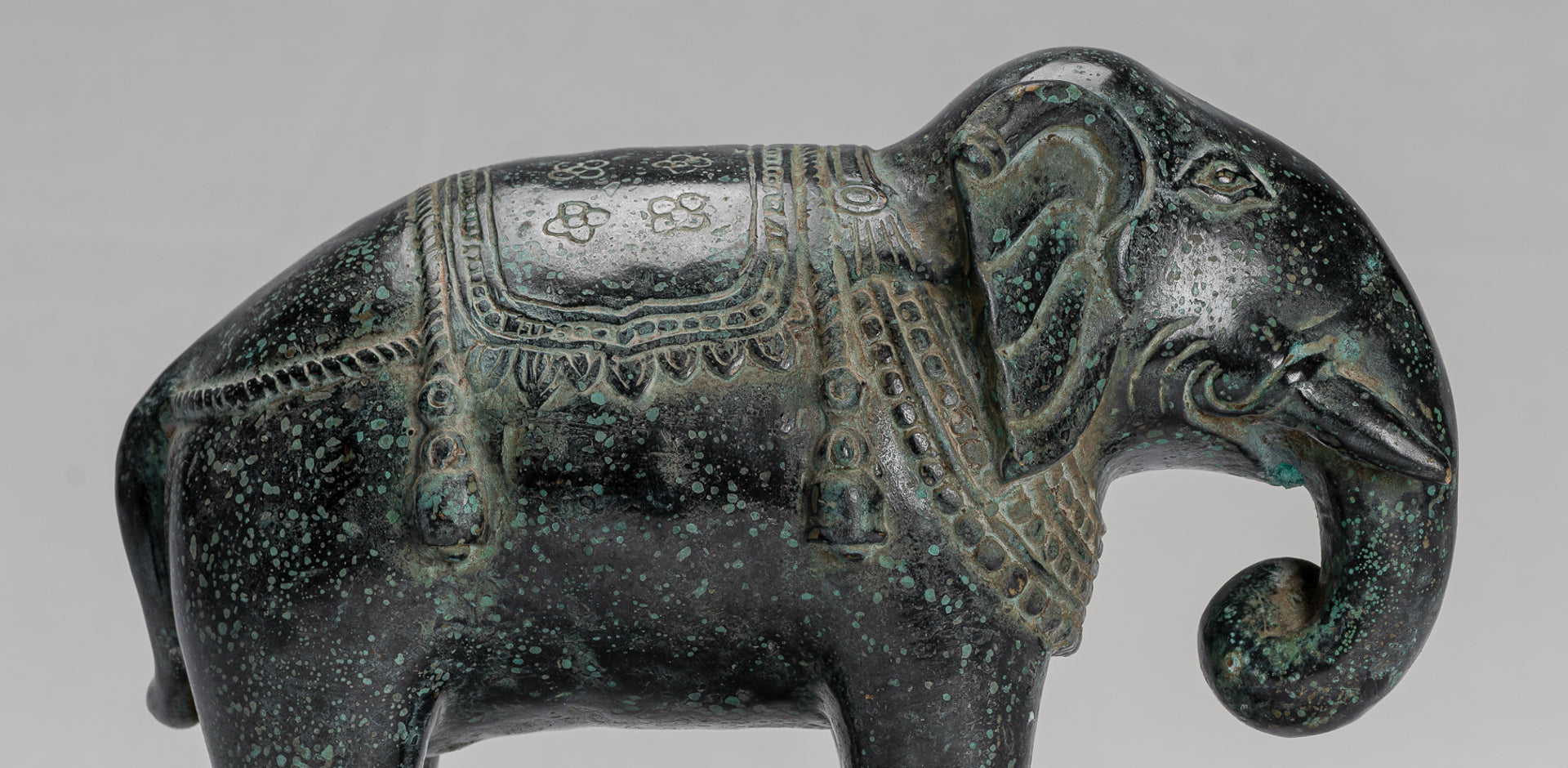 Antique Khmer Style Standing Bronze Elephant Statue - 17cm/7" Tall