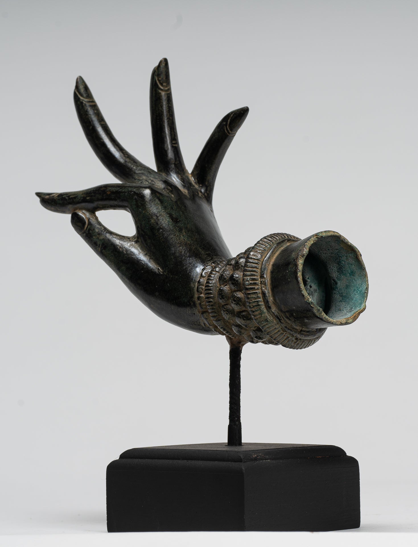 Mounted Antique Thai Style Southeast Asia Bronze Thai Teaching Hand - 24cm/10"