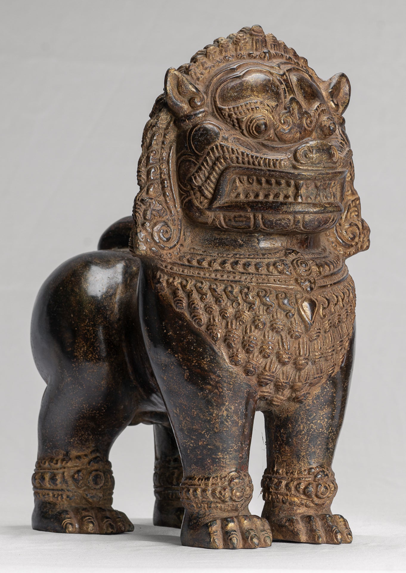 Temple Lion - Antique Khmer Style Bronze Standing Temple Guardian or Lion - 31cm/12" (Pair)