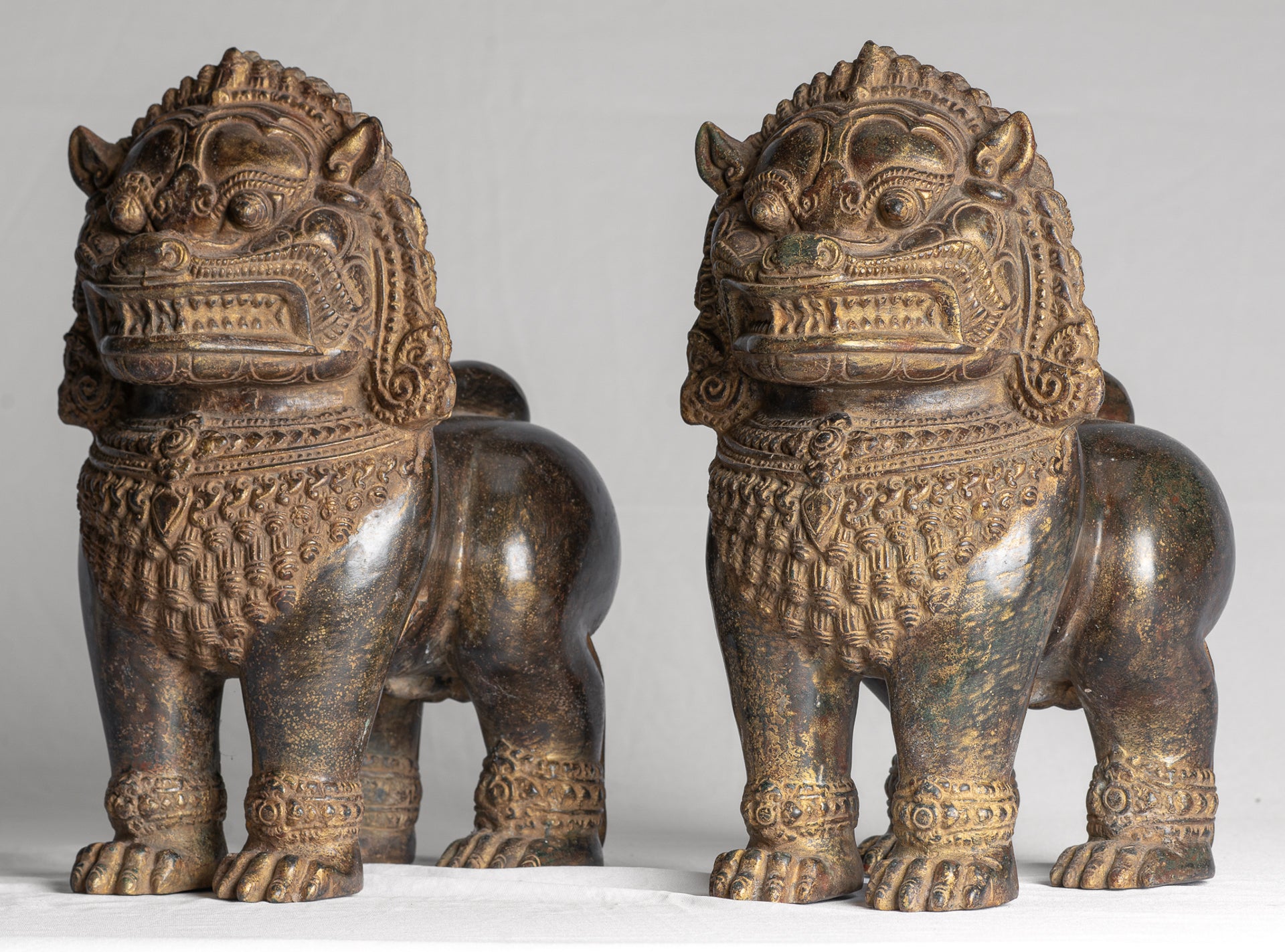 Temple Lion - Antique Khmer Style Bronze Standing Temple Guardian or Lion - 31cm/12" (Pair)