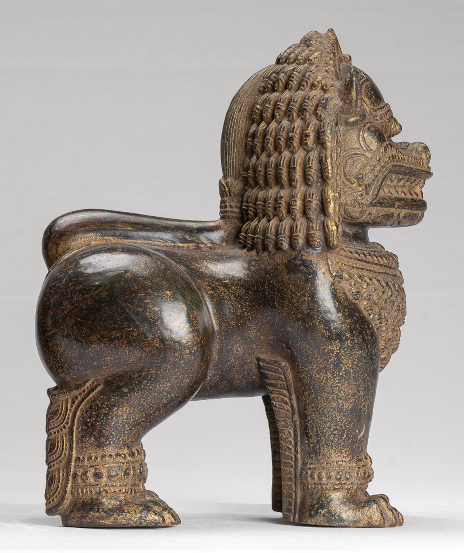 Temple Lion - Antique Khmer Style Bronze Standing Temple Guardian or Lion - 31cm/12" (Pair)