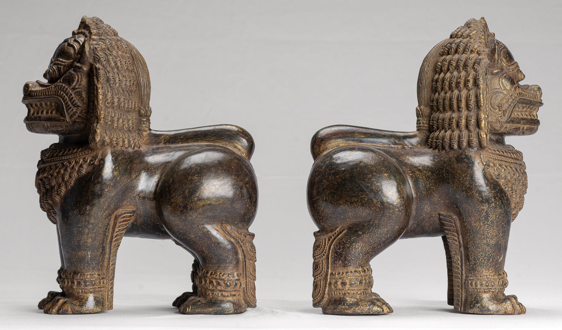 Temple Lion - Antique Khmer Style Bronze Standing Temple Guardian or Lion - 31cm/12" (Pair)