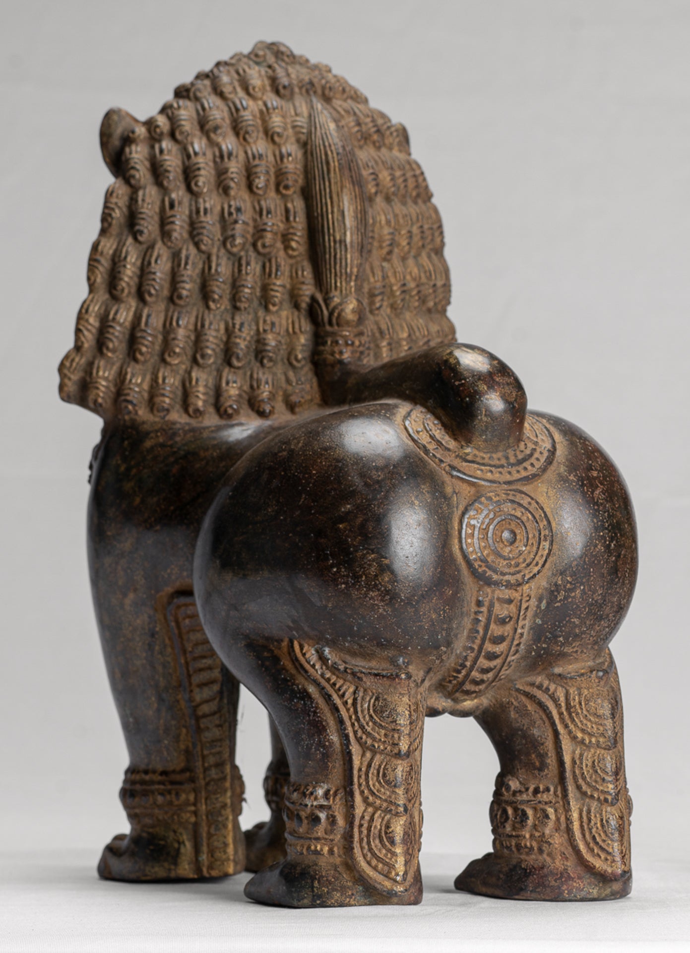 Temple Lion - Antique Khmer Style Bronze Standing Temple Guardian or Lion - 31cm/12" (Pair)