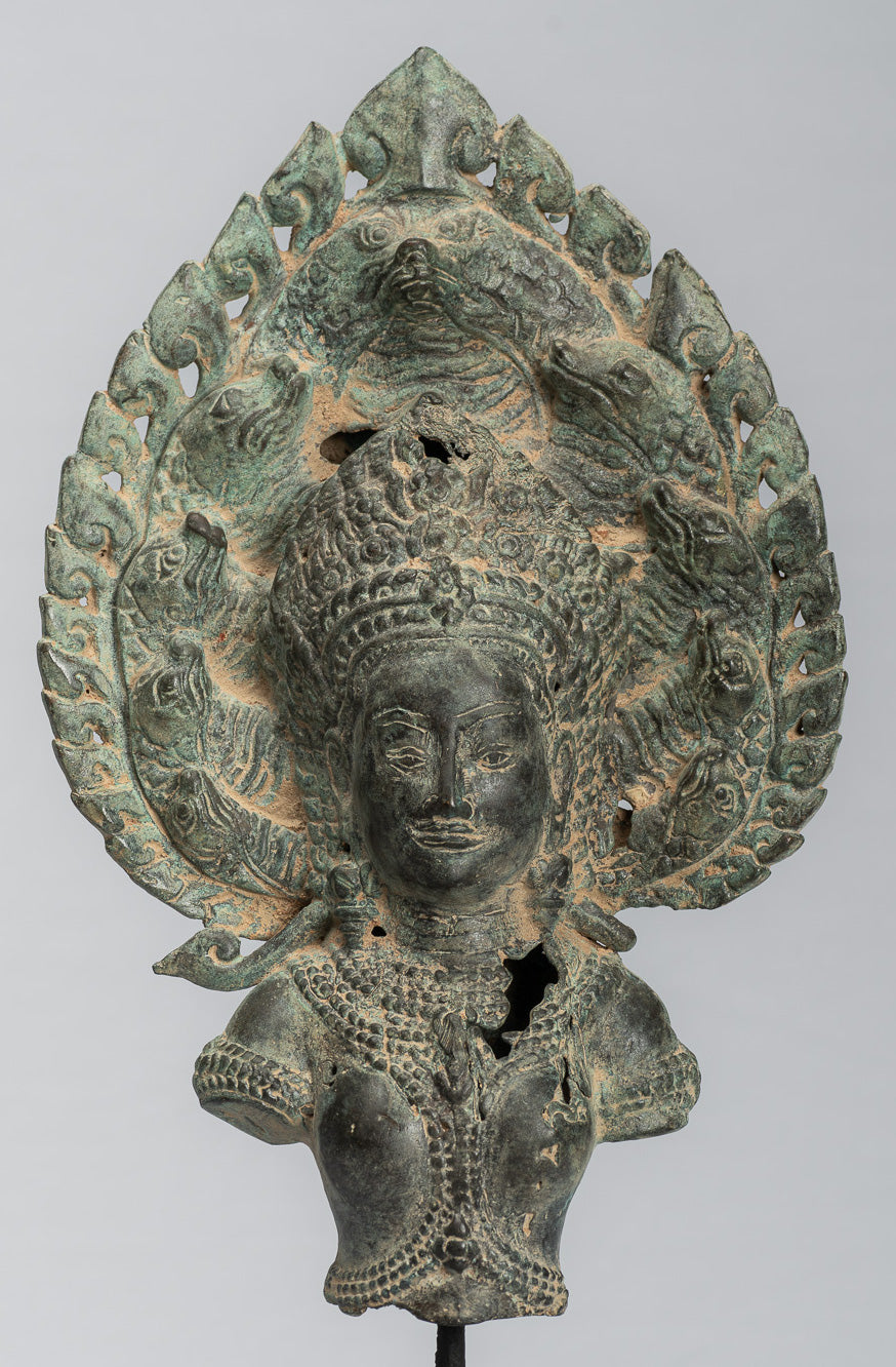 Apsara - Antique Khmer Style Bronze Angkor Wat Apsara & Naga Statue - 36 cm/14 "